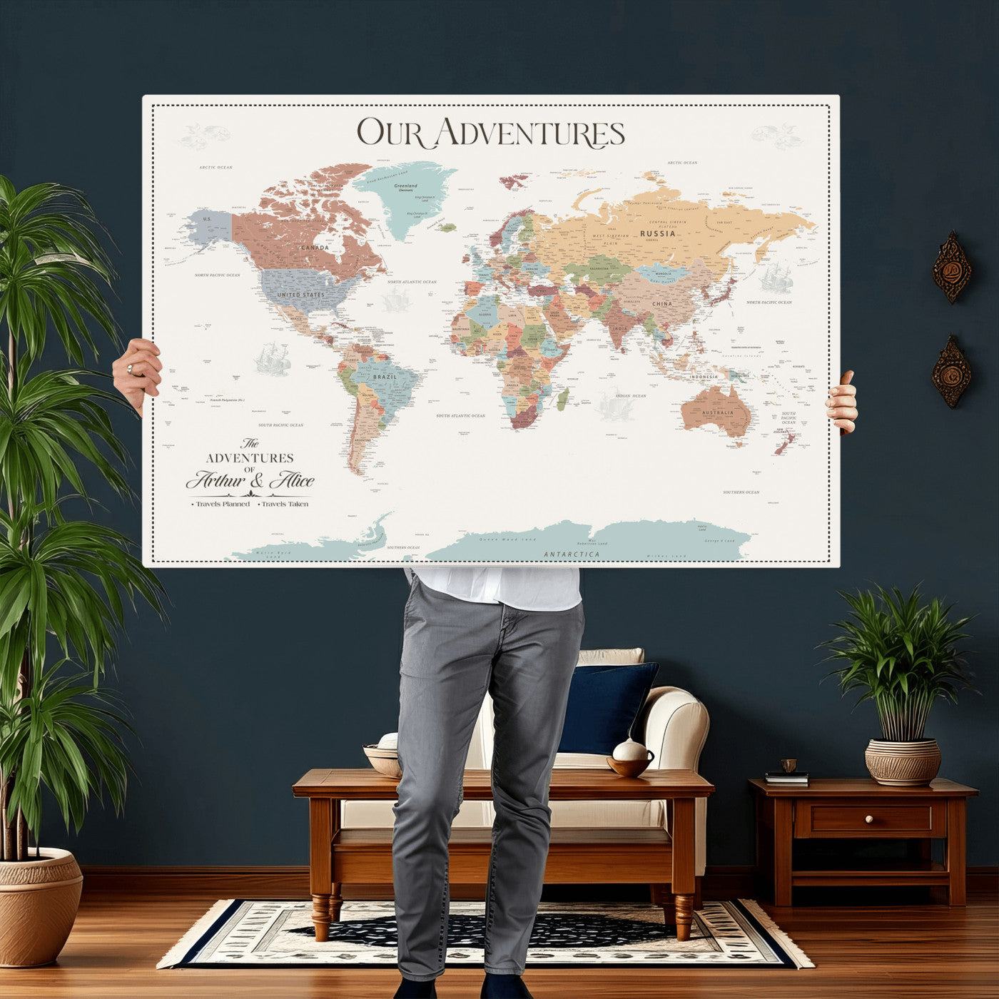 63033739-MGV-CV-36X24 - Personalized Push Pin World Map Wall Art Canvas Print with Pins – Customize Travel Tracker Map for Home and Office Décor