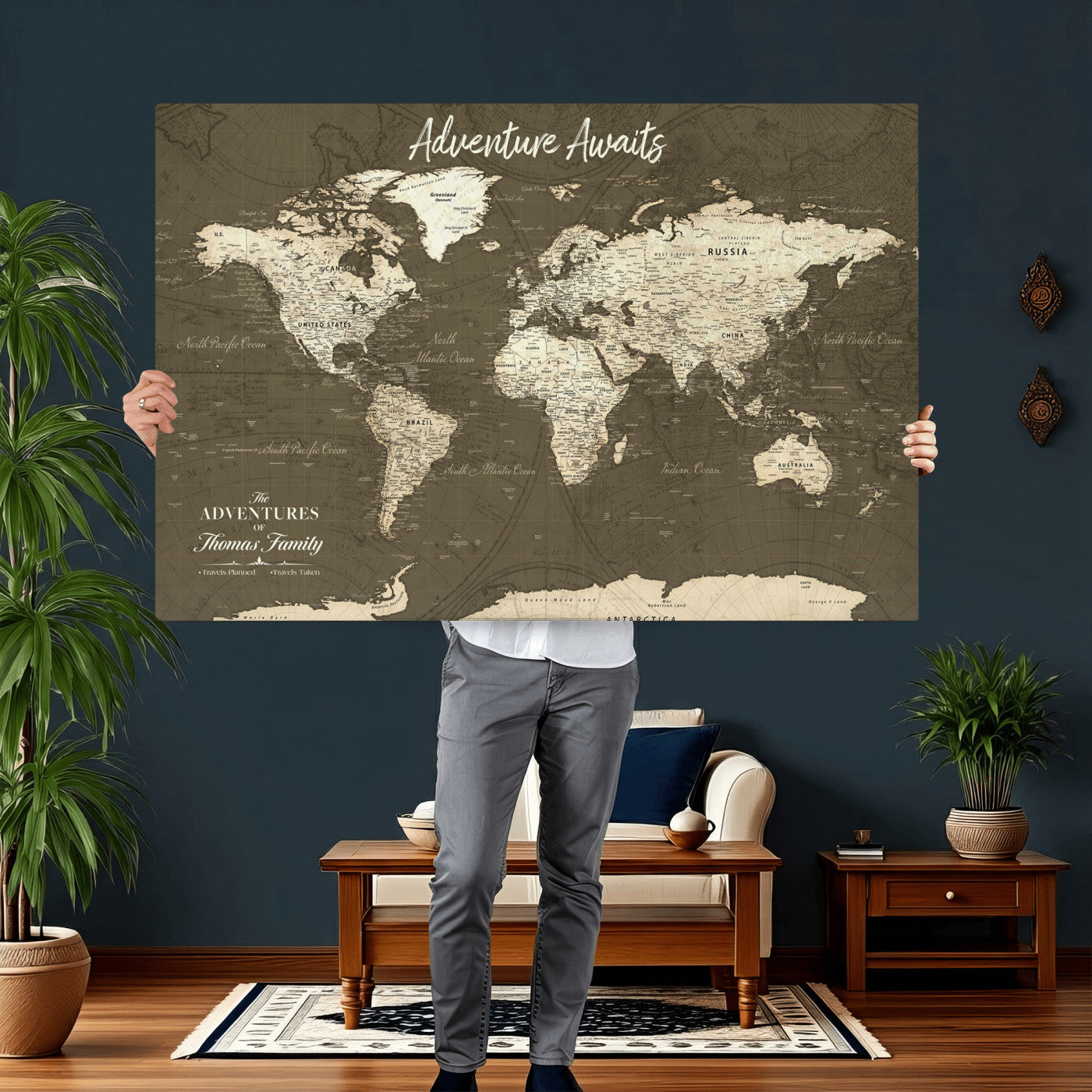 28332566-MGV-CV-36X24 - Personalized Push Pin World Map Wall Art Canvas Print with Pins – Customize Travel Tracker Map for Home and Office Décor