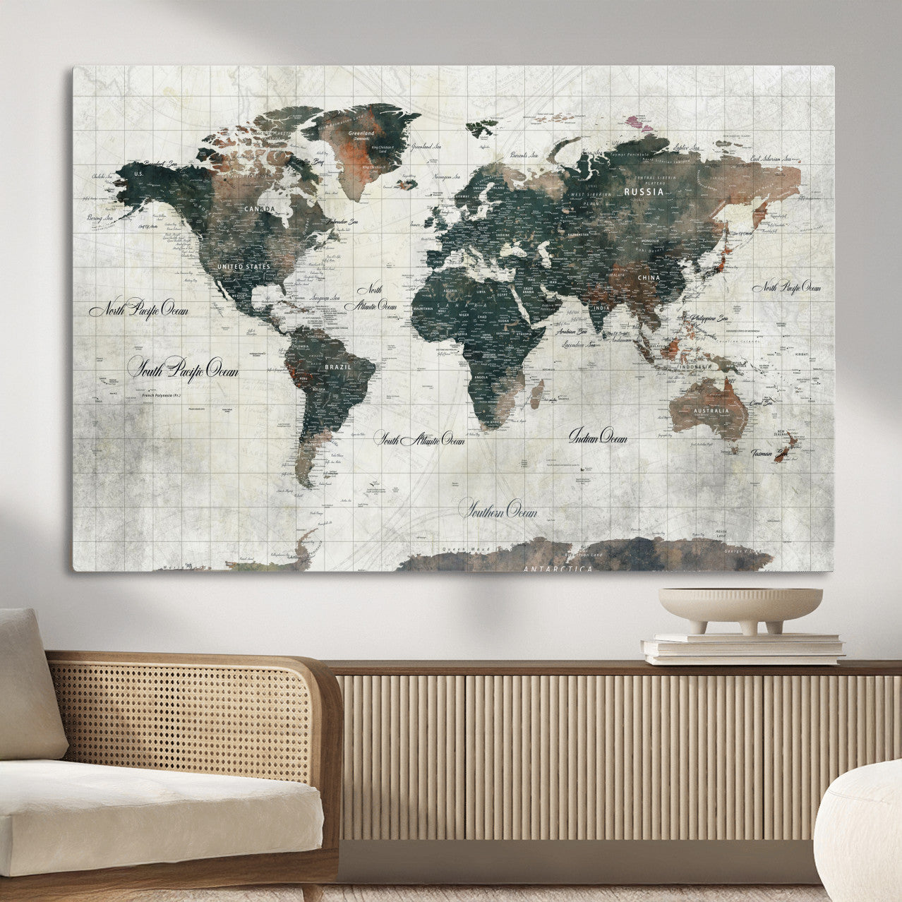 90149079-MGV-CV-36X24 - World Map Wall Art Canvas Print, Modern Decorative Framed Map Artwork Prints for Living Room, Office, Bedroom Wall Decor