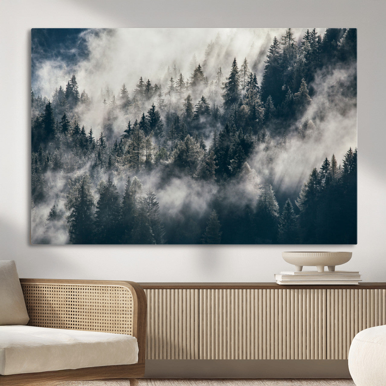 270372951-MGV-CV-36X24 - Misty Pine Forest Canvas Wall Art – Dark Forest Mountaing and Nature Landscape Print, Horizontal Canvas Print