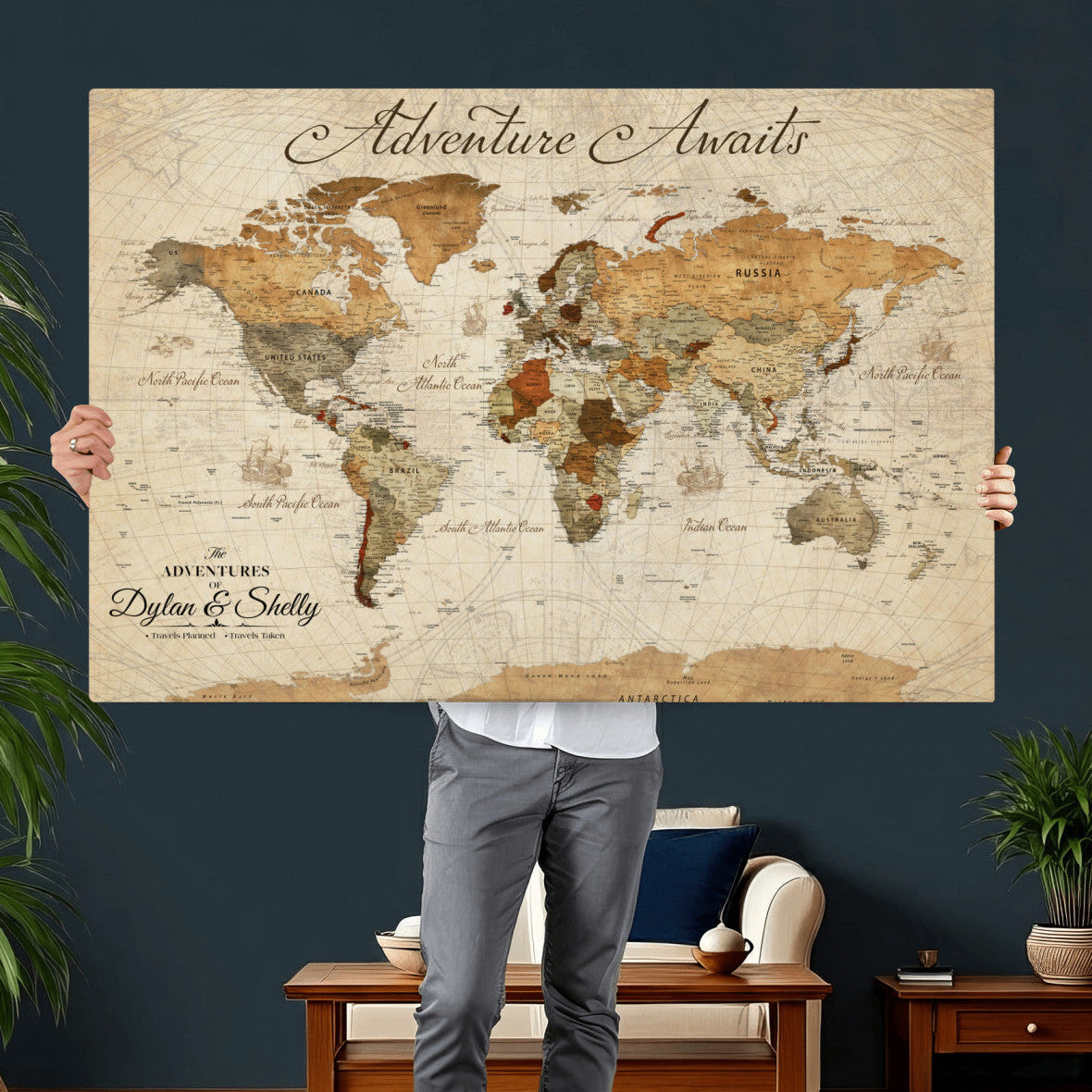 17298116-MGV-CV-36X24 - Custom World Map Wall Art Canvas Print with Pins, Framed Personalize Push Pin Travel Tracker Map, World Map for Living Room and Office Decor