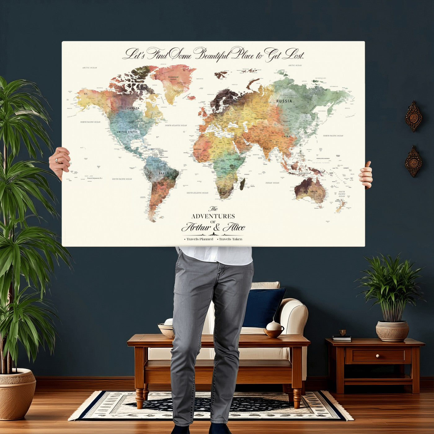 67119830-MGV-CV-36X24 - Customized Push Pin World Map Wall Art Canvas Print with Pins, Framed Personalize Travel Tracker Map, World Map for Living Room and Office Decor