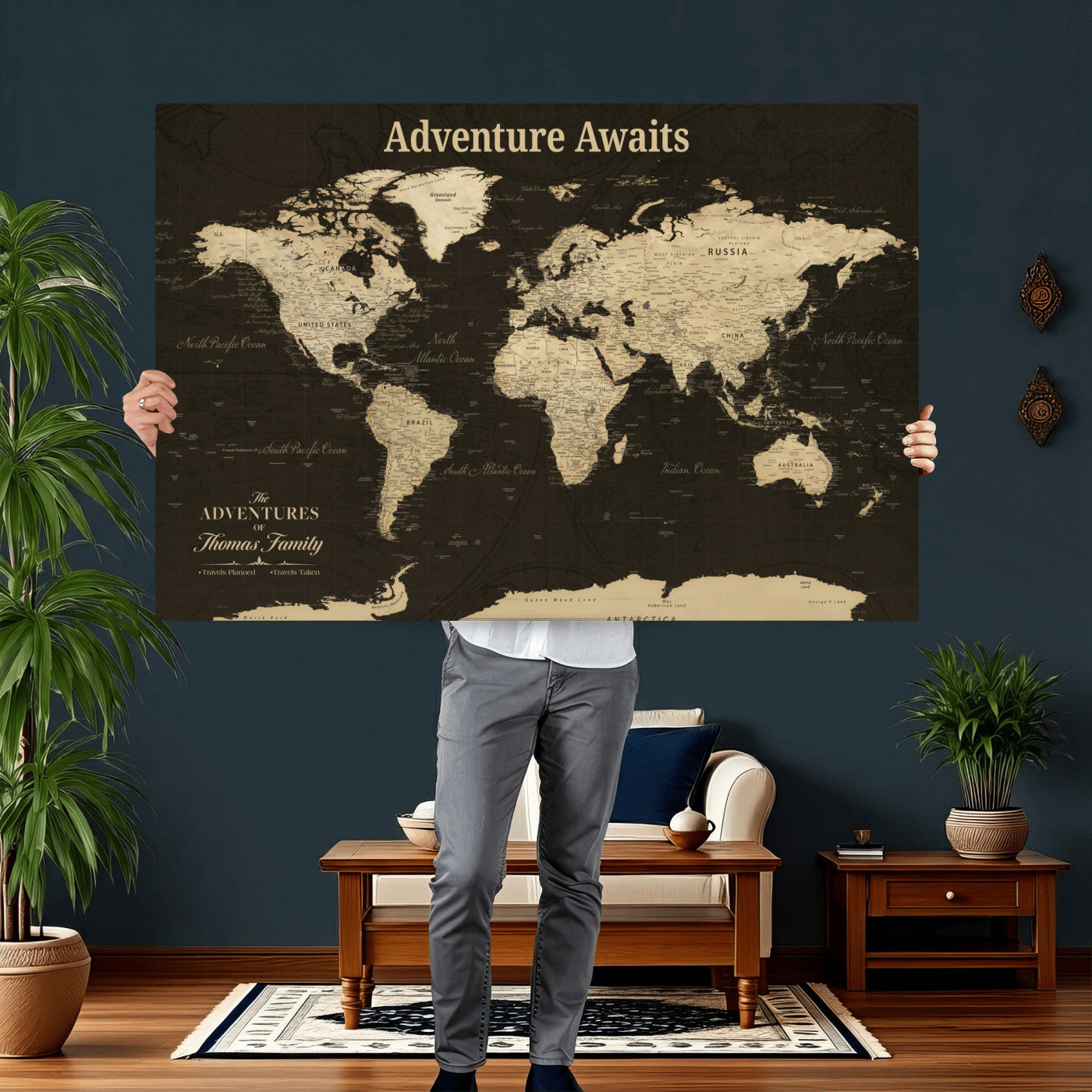 67940426-MGV-CV-36X24 - Customized Push Pin World Map Wall Art Canvas Print with Pins, Framed Personalize Travel Tracker Map, World Map for Living Room and Office Decor