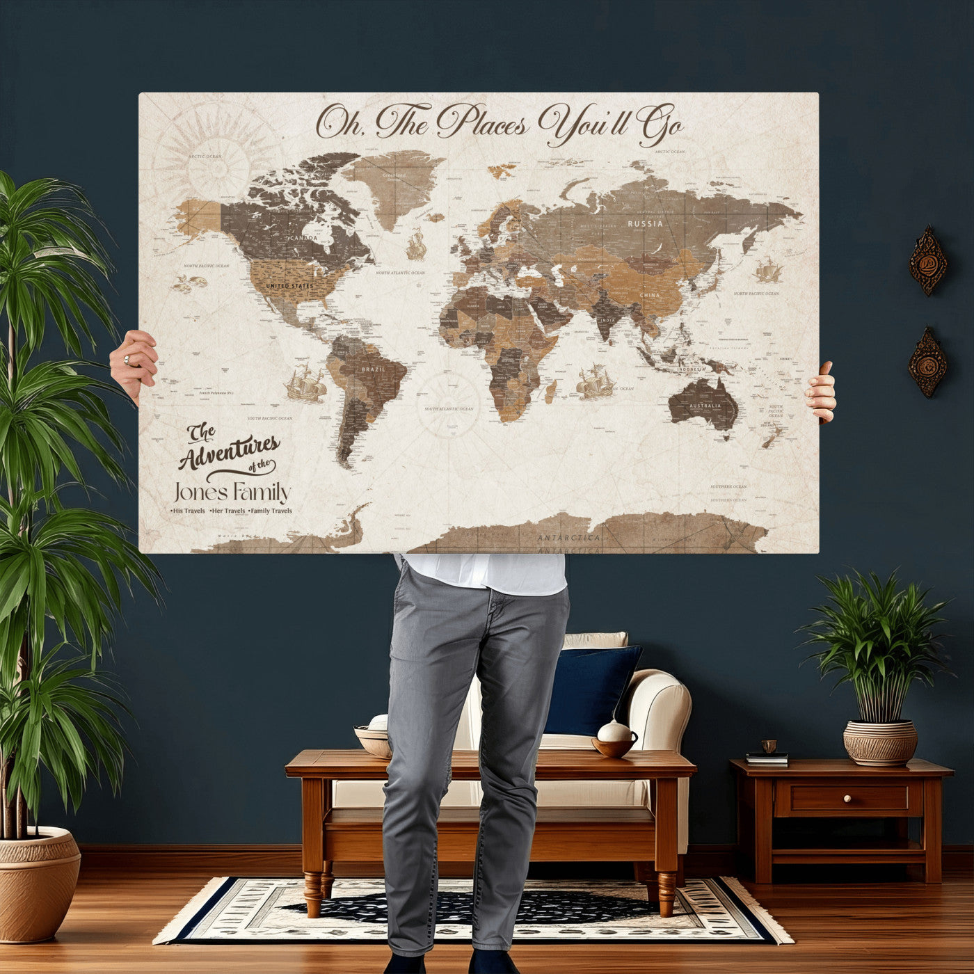97885954-MGV-CV-36X24 - Customized Push Pin World Map Wall Art Canvas Print with Pins, Framed Personalize Travel Tracker Map, World Map for Living Room and Office Decor