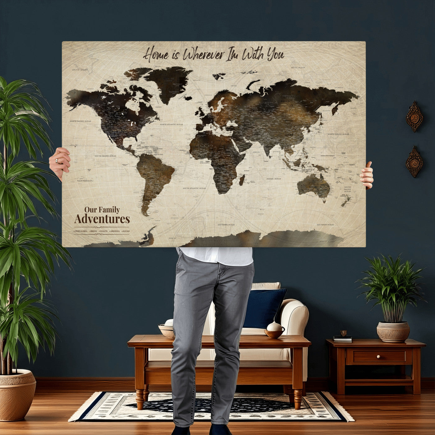 44658041-MGV-CV-36X24 - Customized Push Pin World Map Wall Art Canvas Print with Pins, Framed Personalize Travel Tracker Map, World Map for Living Room and Office Decor