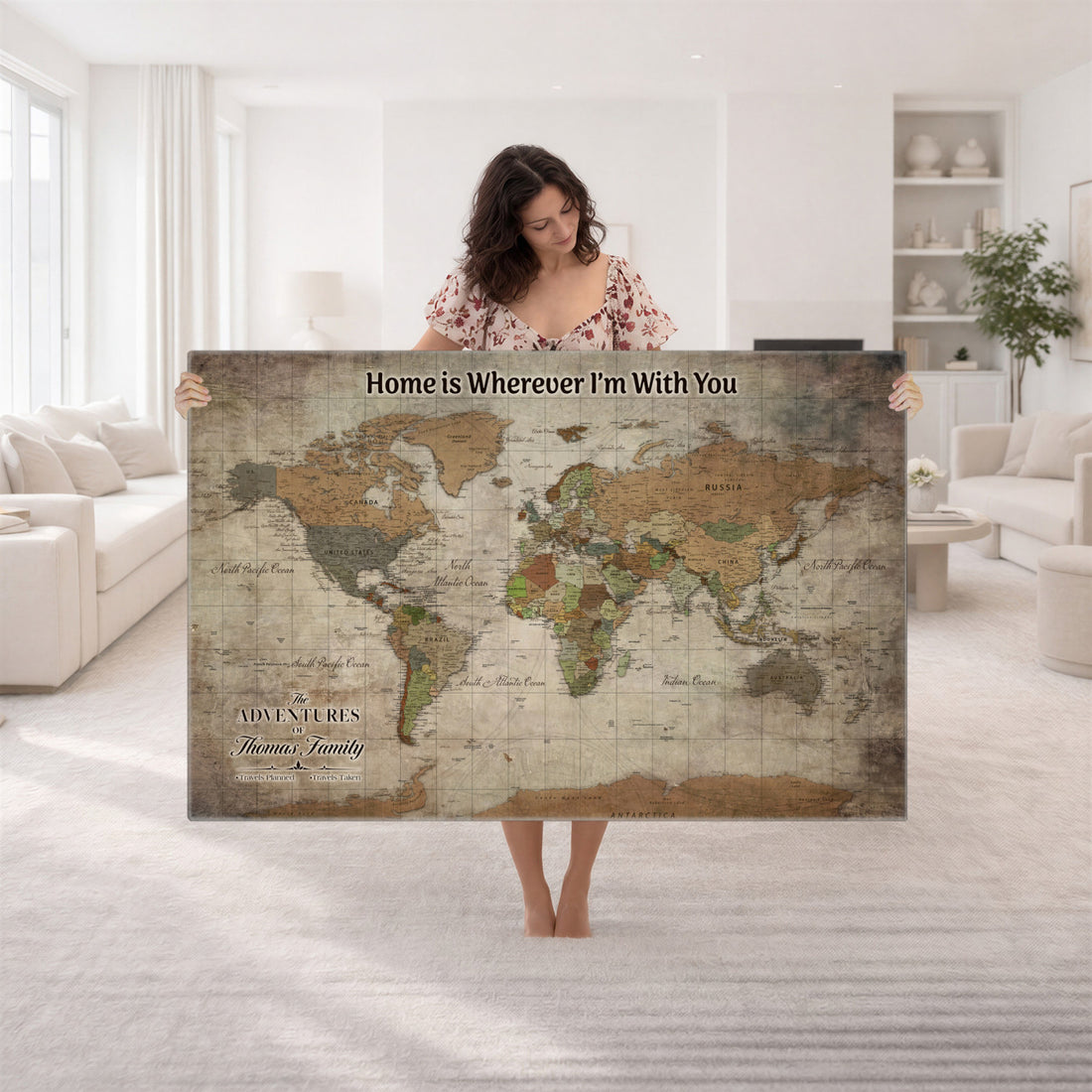 Personalized Beige Geometric World Map Canvas with Push Pins, Next Trip Planner Map, Study and Entryway Decor