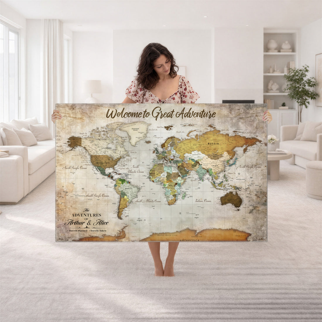 Personalized Beige World Travel Map Wall Art with Pins, Family Travel Tracker, Family Room and Study Decor