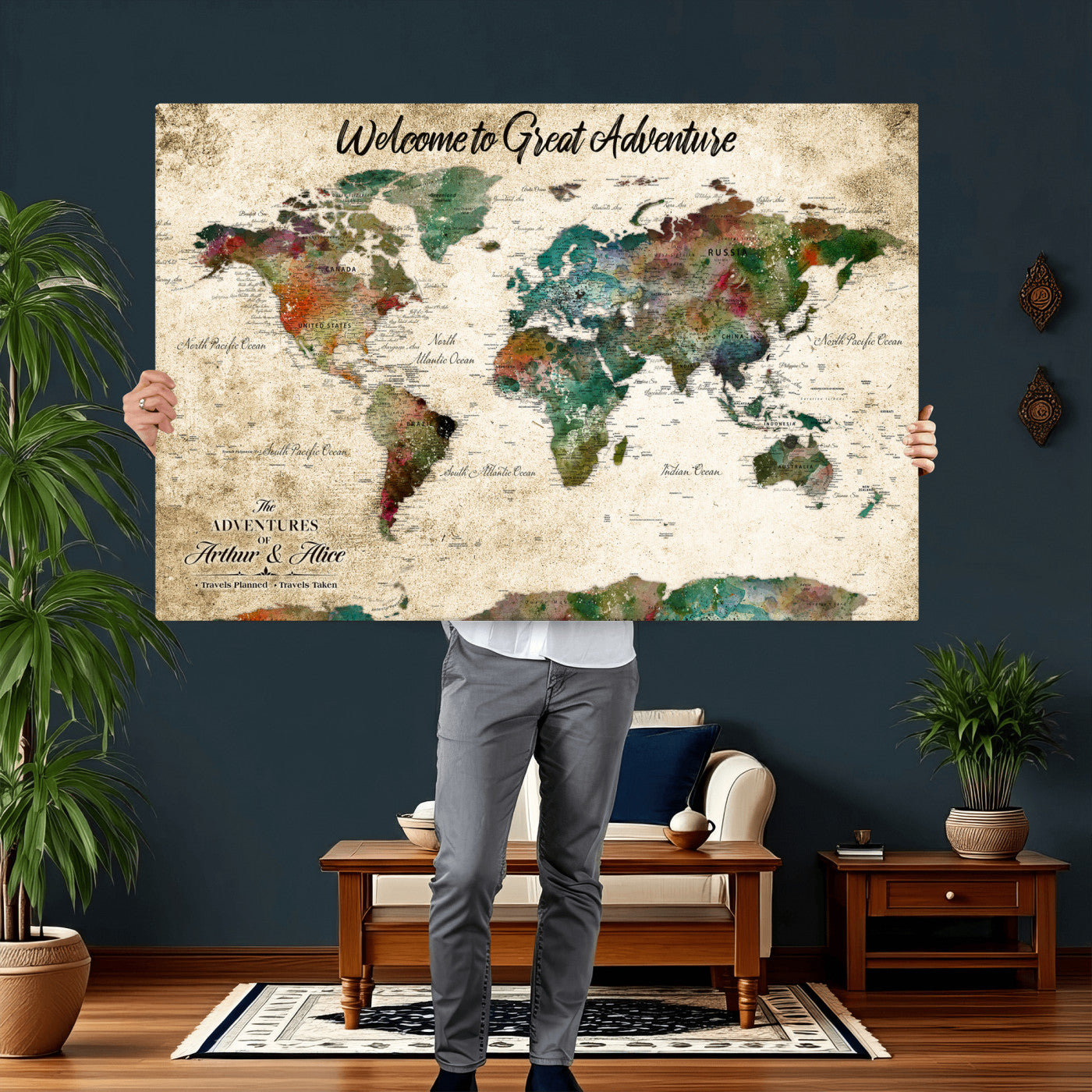 89225601-MGV-CV-36X24 - Custom Push Pin World Map Wall Art Canvas Print – Personalized Travel Tracker with Pins Framed Large for Home and Office Decor