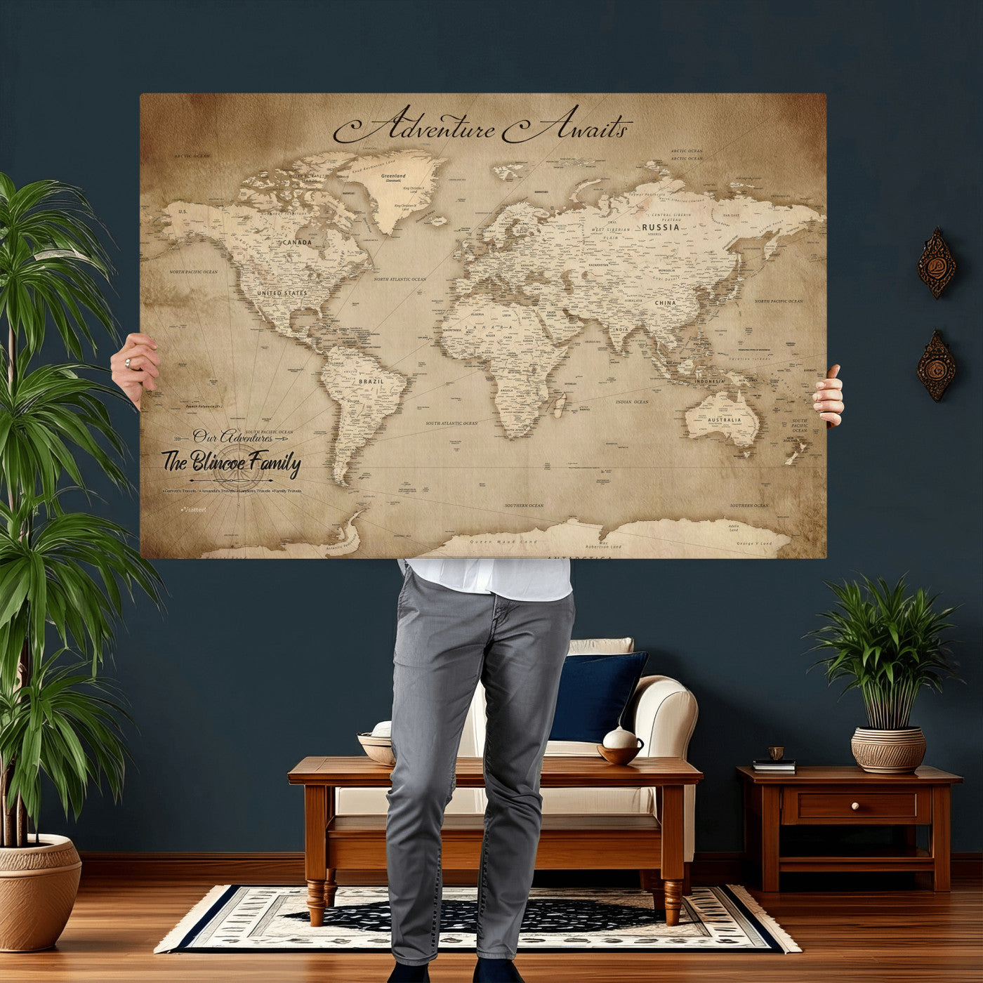 59757370-MGV-CV-36X24 - Custom Push Pin World Map Wall Art Canvas Print – Personalized Travel Tracker with Pins Framed Large for Home and Office Decor