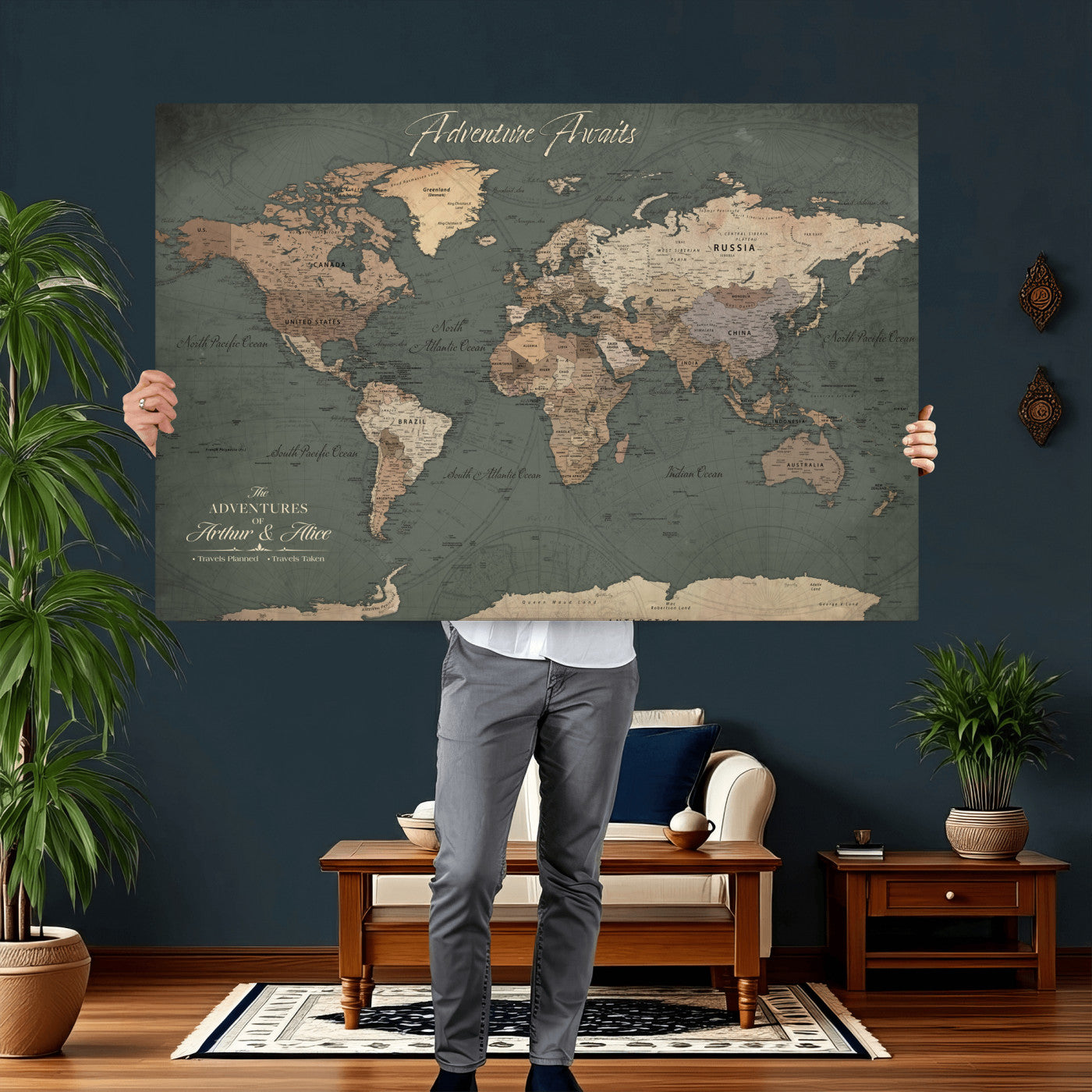 24734446-MGV-CV-36X24 - Custom Push Pin World Map Wall Art Canvas Print – Personalized Travel Tracker with Pins Framed Large for Home and Office Decor
