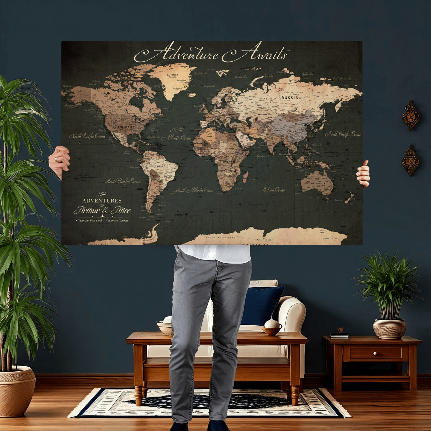 74987709-MGV-CV-36X24 - Custom Push Pin World Map Wall Art Canvas Print – Personalized Travel Tracker with Pins Framed Large for Home and Office Decor
