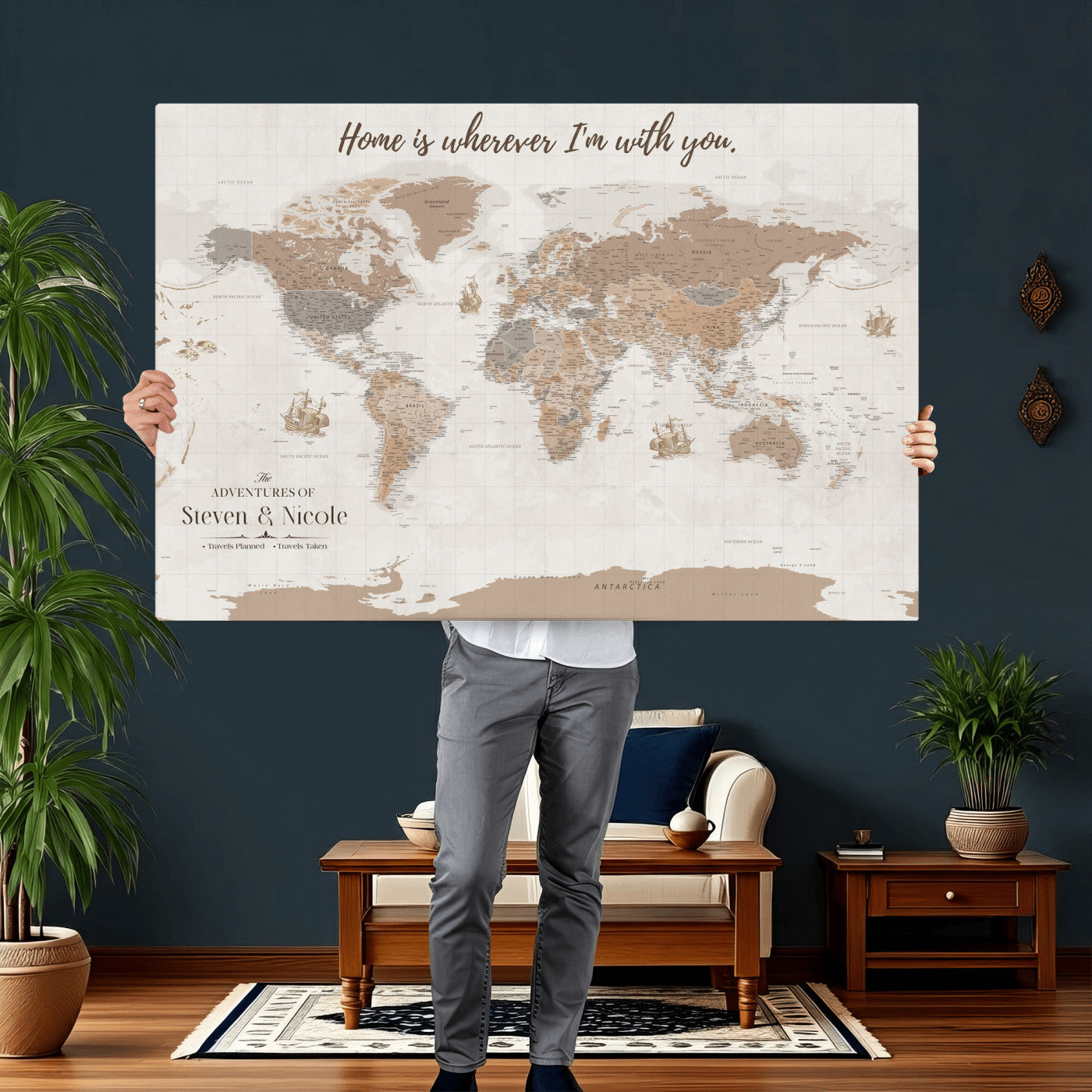 25831578-MGV-CV-36X24 - Custom Push Pin World Map Wall Art Canvas Print – Personalized Travel Tracker with Pins Framed Large for Home and Office Decor