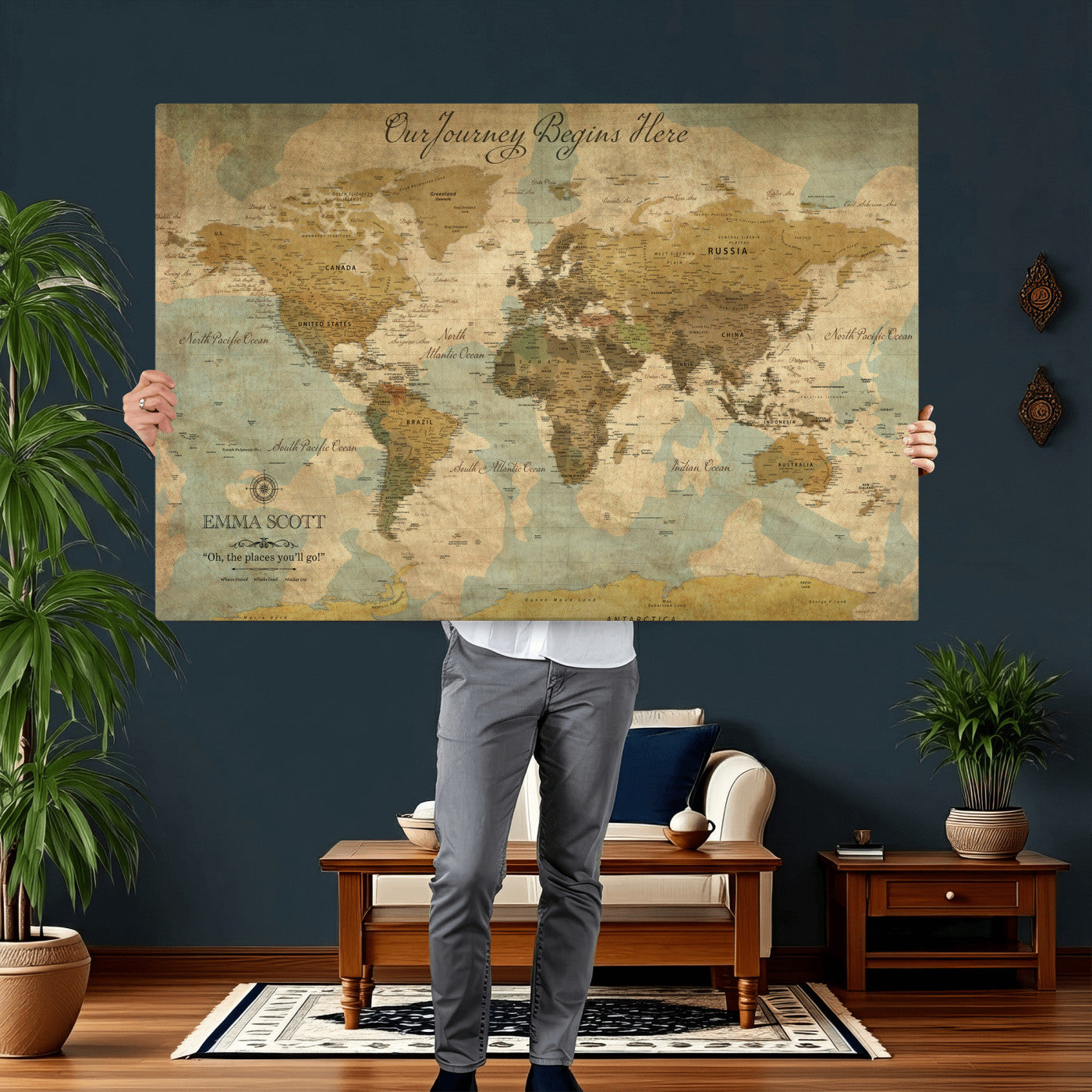 66550749-MGV-CV-36X24 - Custom Push Pin World Map Wall Art Canvas Print – Personalized Travel Tracker with Pins Framed Large for Home and Office Decor