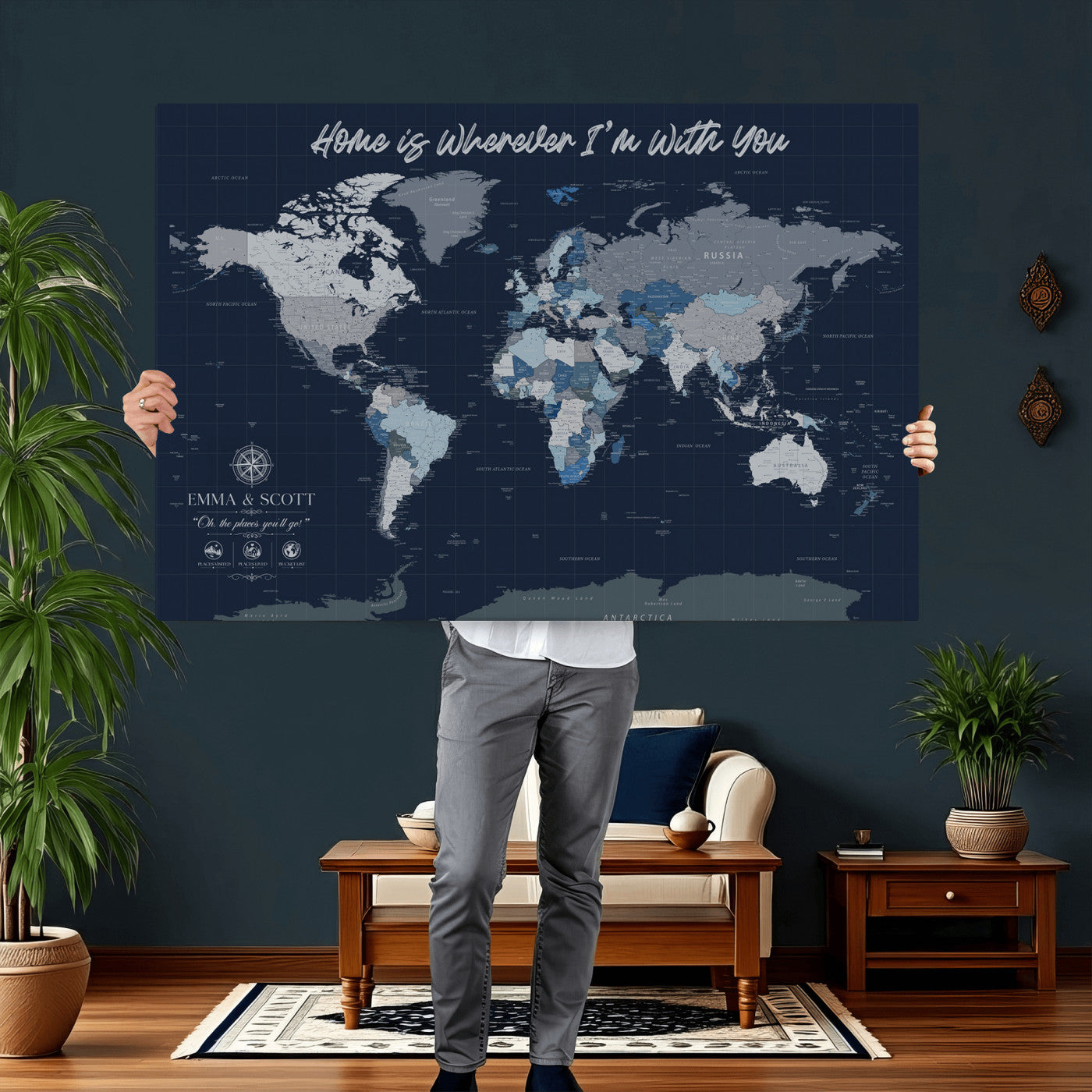 NEWMAP-18-MGV-CV-36X24 - Custom Push Pin World Map Wall Art Canvas Print – Personalized Travel Tracker with Pins Framed Large Print - NEWMAP-18