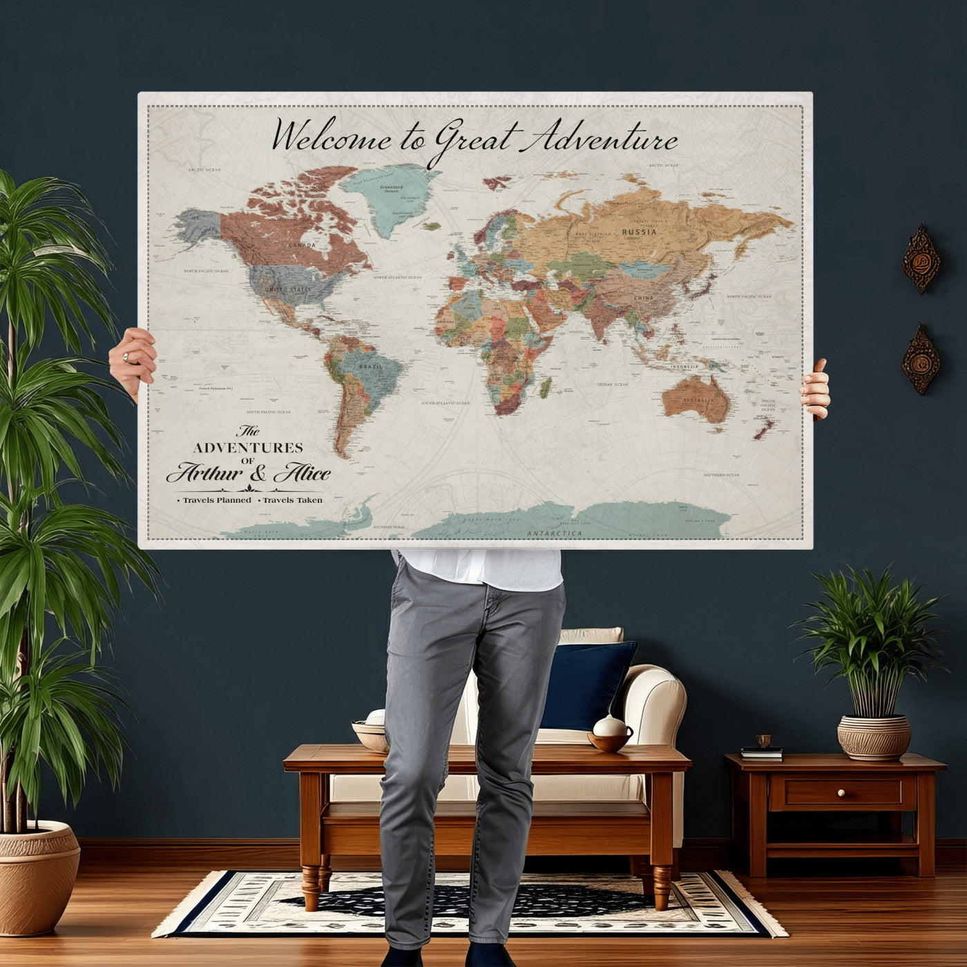 32470528-MGV-CV-36X24 - Custom Push Pin World Map Wall Art Canvas Print – Personalized Travel Tracker with Pins Framed Large for Home and Office Decor