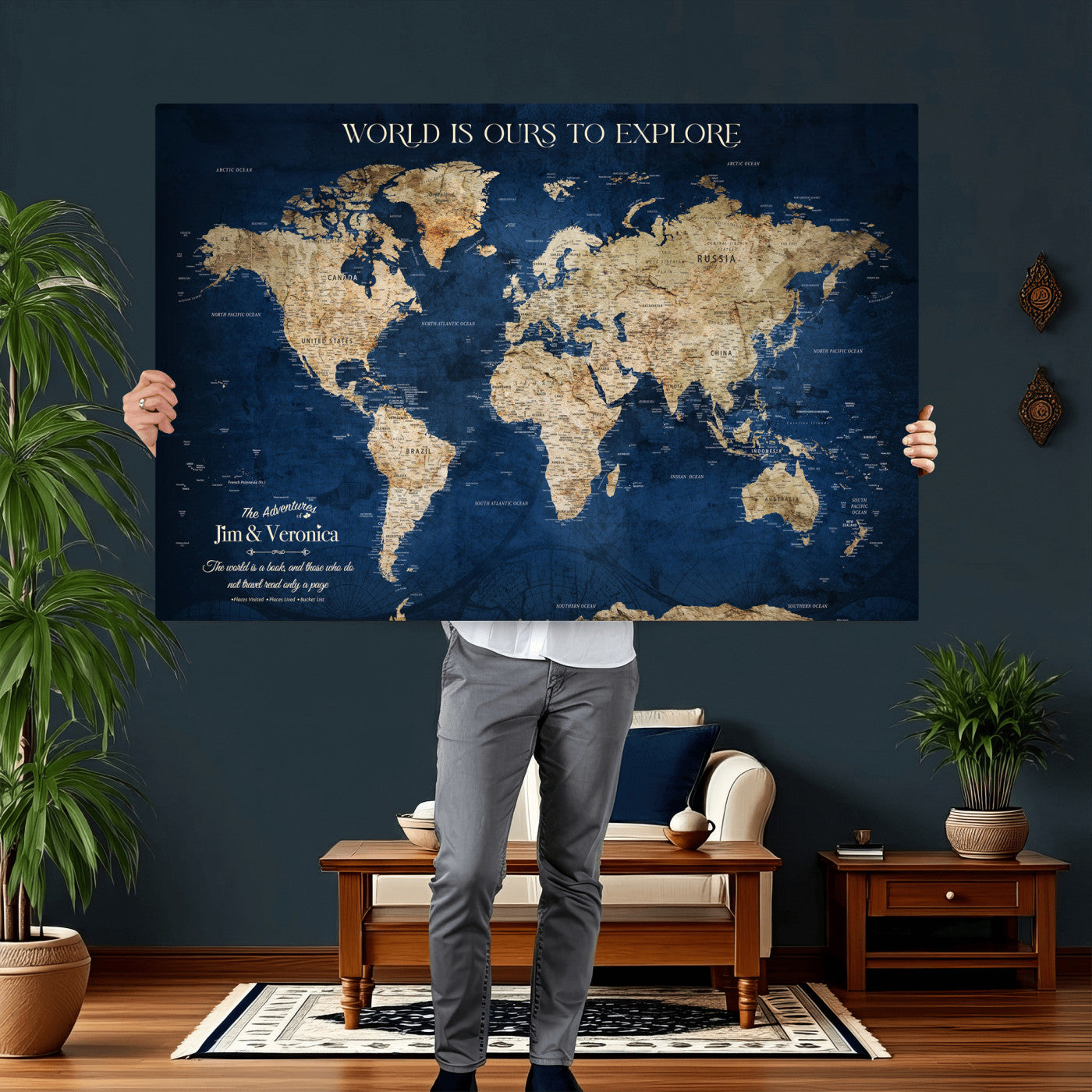35296308-MGV-CV-36X24 - Custom Push Pin World Map Wall Art Canvas Print – Personalized Travel Tracker with Pins Framed Large for Home and Office Decor