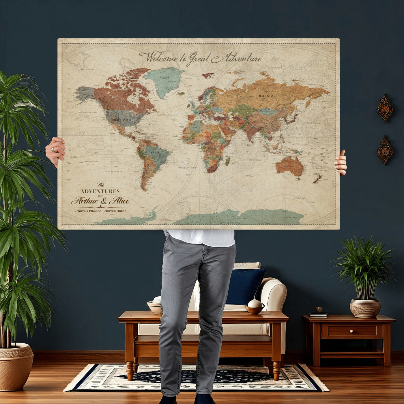 44361524-MGV-CV-36X24 - Custom Push Pin World Map Wall Art Canvas Print – Personalized Travel Tracker with Pins Framed Large for Home and Office Decor
