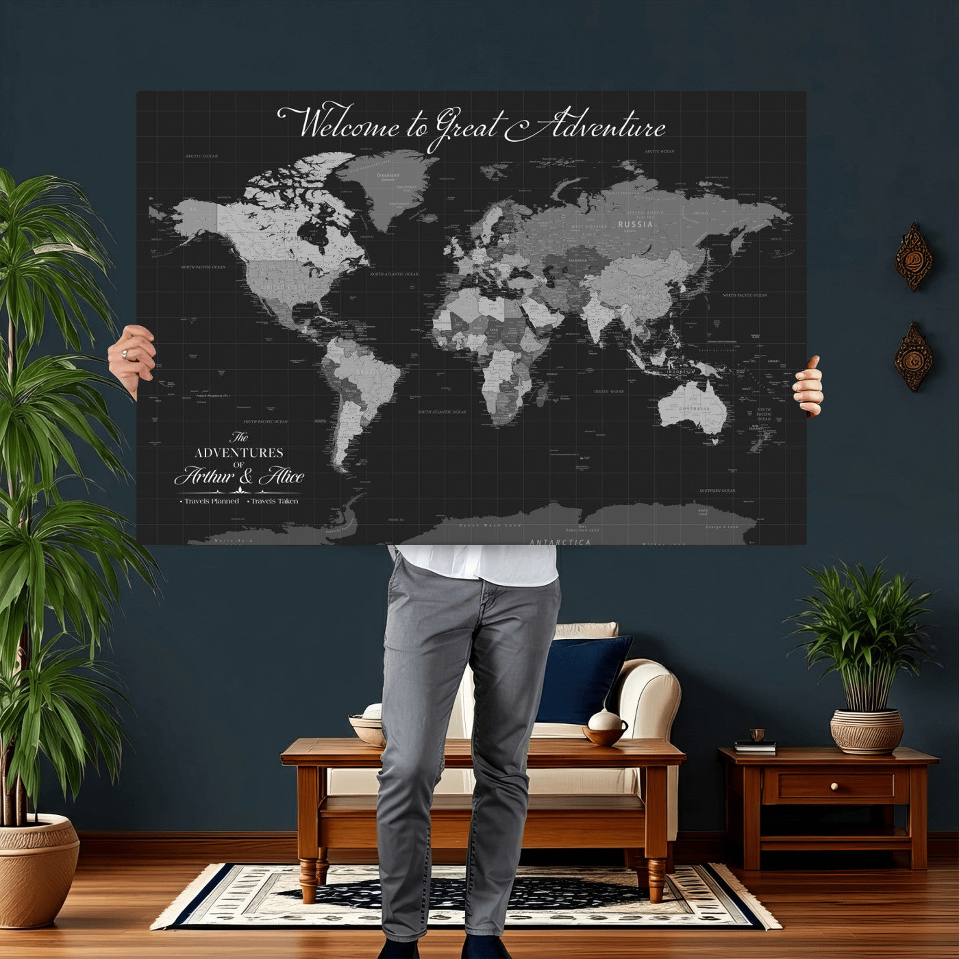 57127599-MGV-CV-36X24 - Custom Push Pin World Map Wall Art Canvas Print – Personalized Travel Tracker with Pins Framed Large for Home and Office Decor