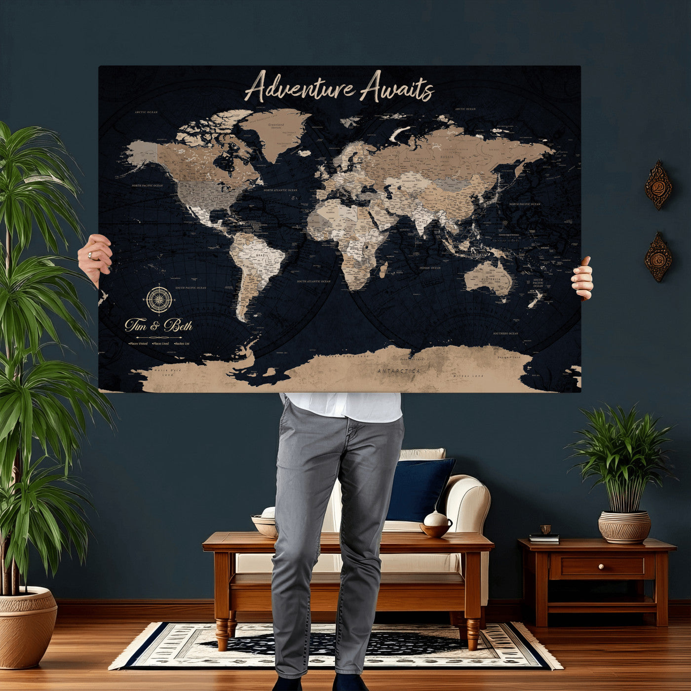 66938317-MGV-CV-36X24 - Custom Push Pin World Map Wall Art Canvas Print – Personalized Travel Tracker with Pins Framed Large for Home and Office Decor