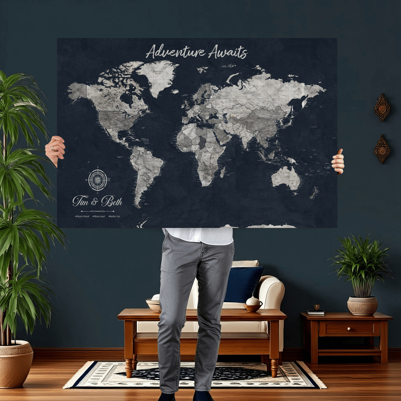 32031089-MGV-CV-36X24 - Custom Push Pin World Map Wall Art Canvas Print – Personalized Travel Tracker with Pins Framed Large for Home and Office Decor