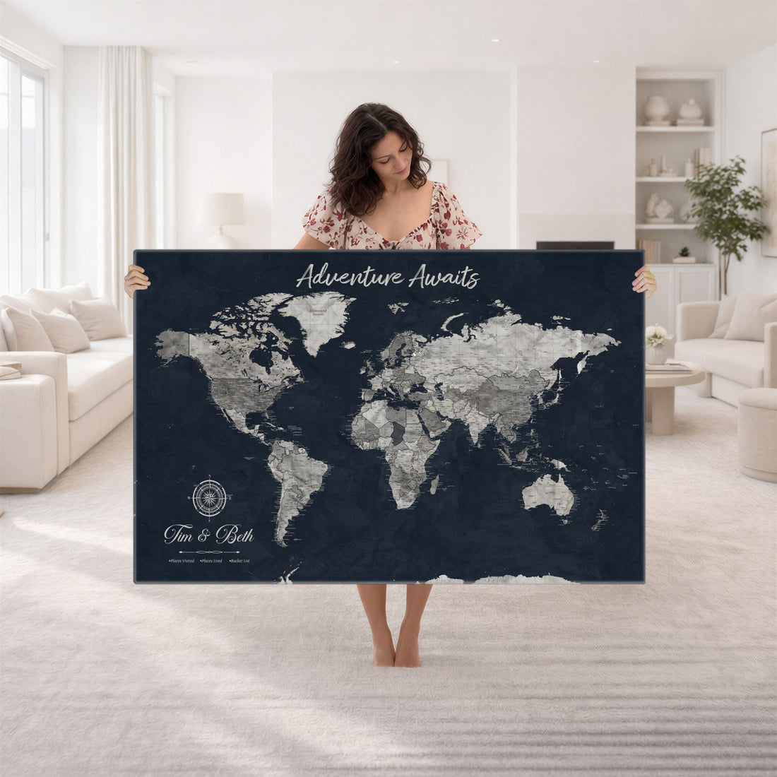 Personalized Framed Beige Vintage Push Pin World Map Wall Art, Bucket List Map, Study and Hallway Decor