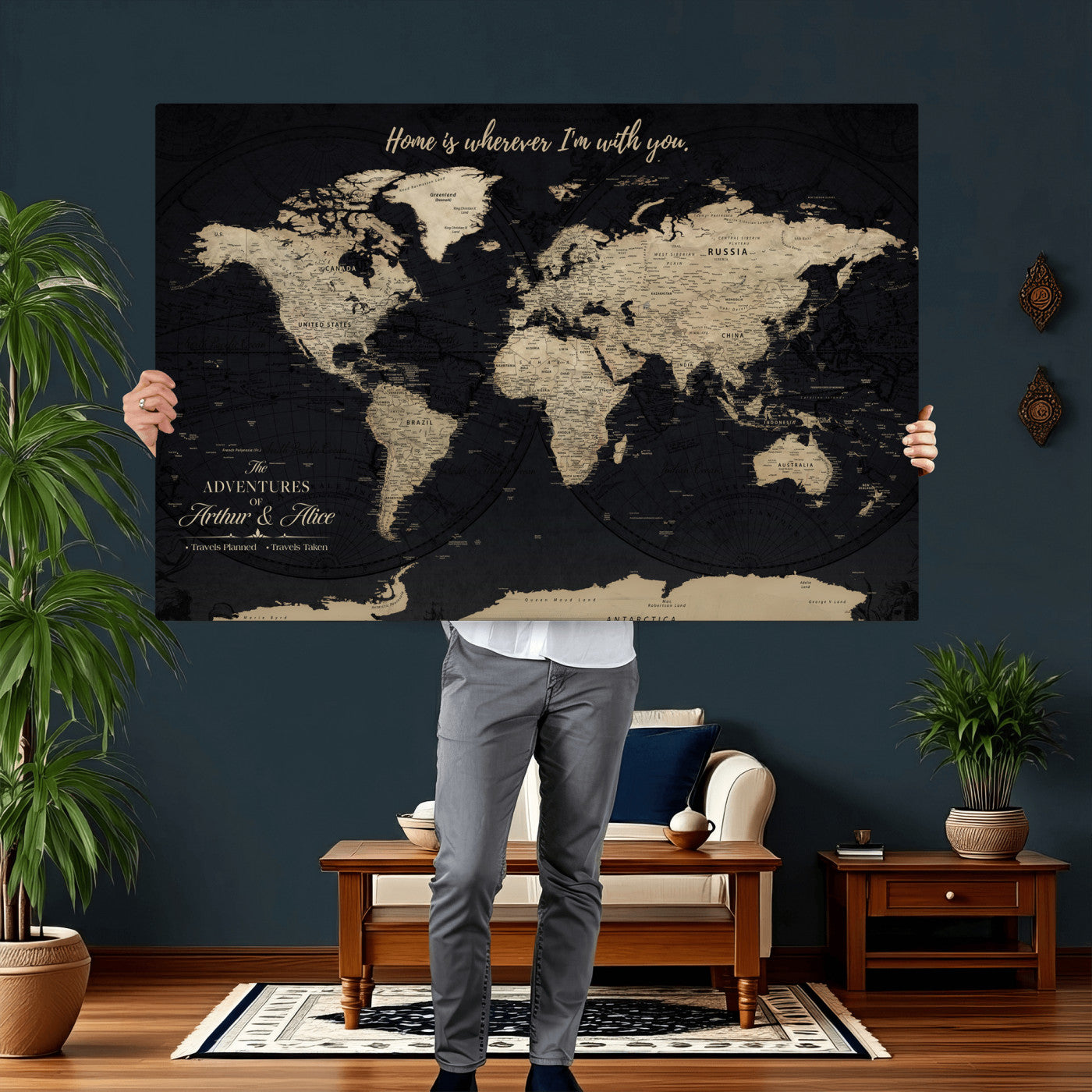 31416046-MGV-CV-36X24 - Custom Push Pin World Map Wall Art Canvas Print – Personalized Travel Tracker with Pins Framed Large for Home and Office Decor