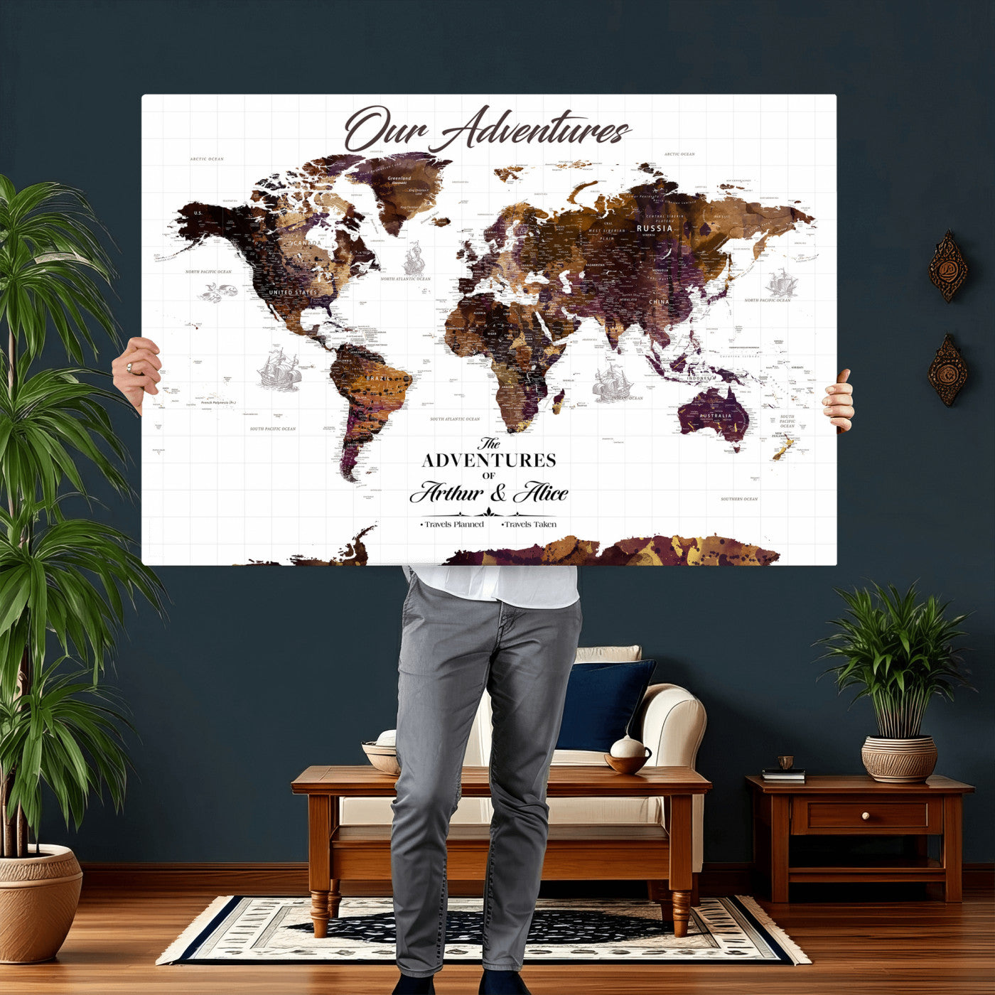 95729279-MGV-CV-36X24 - Custom Push Pin World Map Wall Art Canvas Print – Personalized Travel Tracker with Pins Framed Large for Home and Office Decor