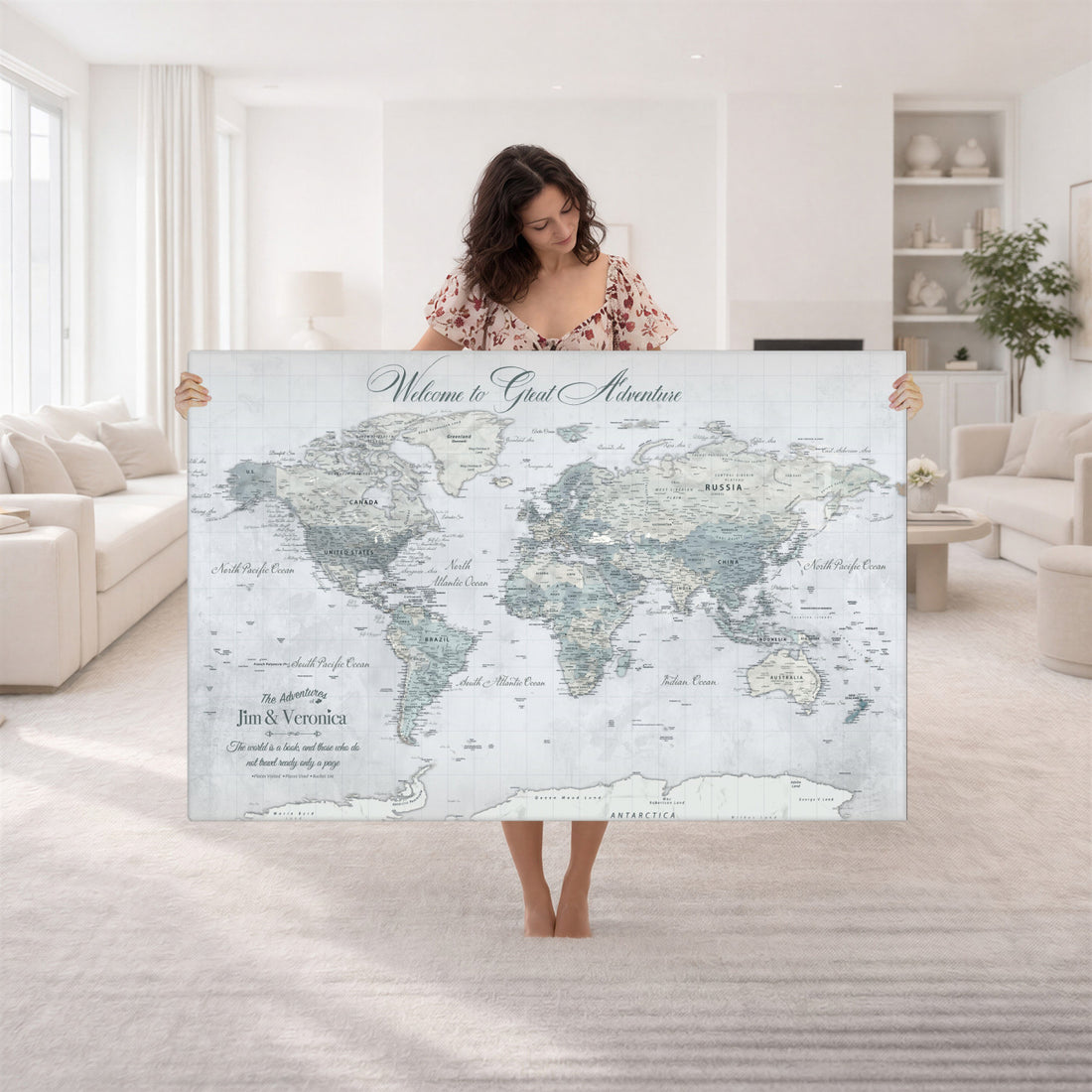 Personalized Beige Antique Push Pin World Map Canvas Print, Family Travel Tracker, Family Room and Entryway Decor