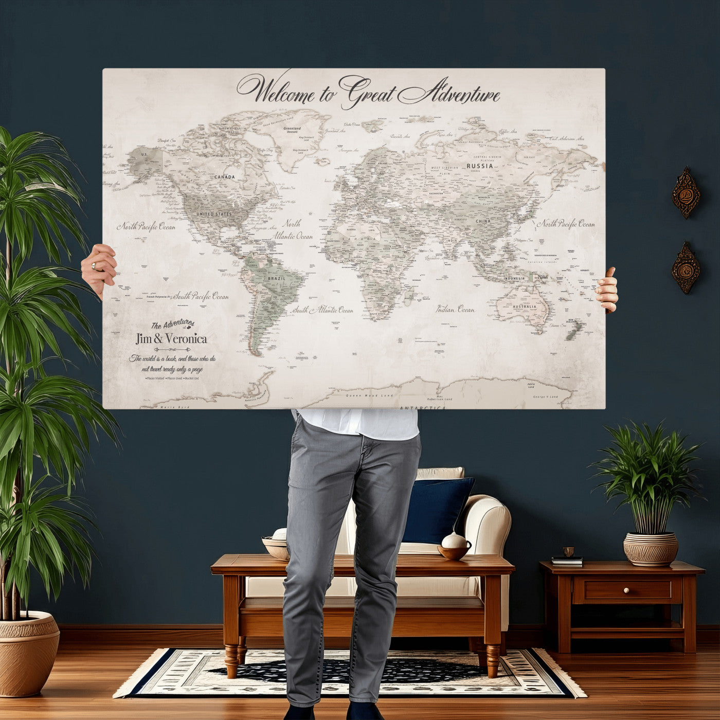 84311132-MGV-CV-36X24 - Custom Push Pin World Map Wall Art Canvas Print – Personalized Travel Tracker with Pins Framed Large for Home and Office Decor
