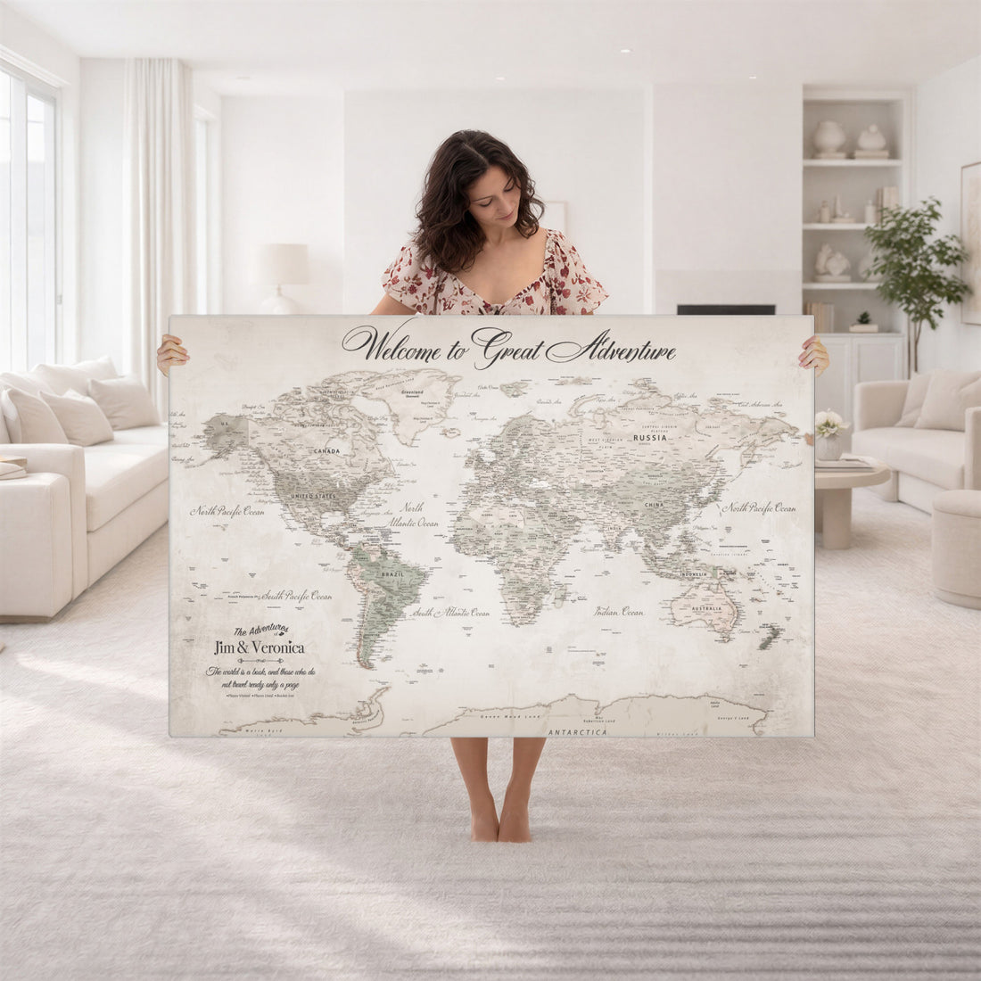 Personalized Beige World Map Canvas with Push Pins, Places Visited Tracker, Family Room and Entryway Decor