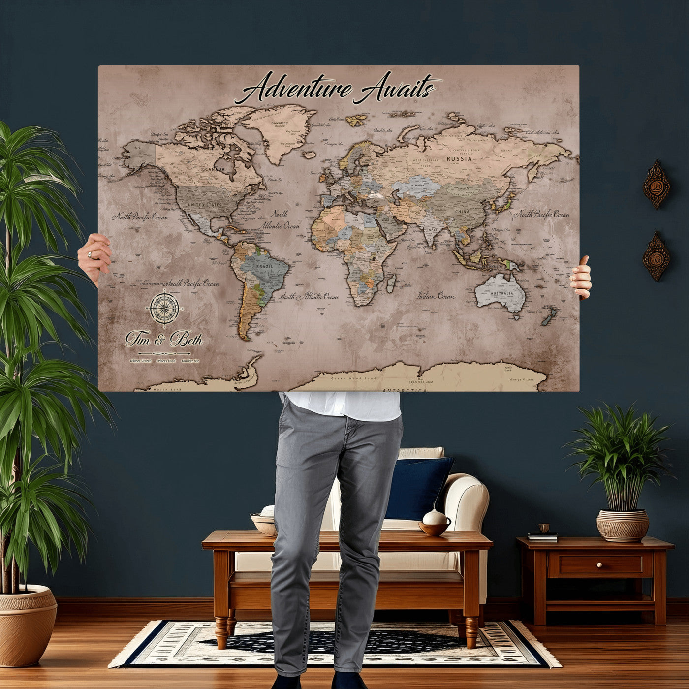 30508877-MGV-CV-36X24 - Custom Push Pin World Map Wall Art Canvas Print – Personalized Travel Tracker with Pins Framed Large for Home and Office Decor