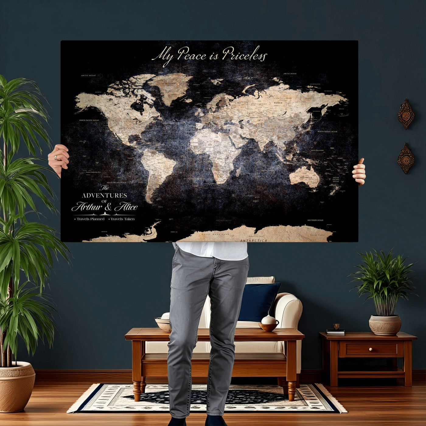 38689152-MGV-CV-36X24 - Custom Push Pin World Map Wall Art Canvas Print – Personalized Travel Tracker with Pins Framed Large for Home and Office Decor