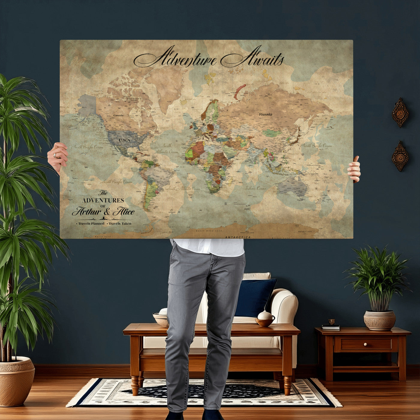 80420159-MGV-CV-36X24 - Custom Push Pin World Map Wall Art Canvas Print – Personalized Travel Tracker with Pins Framed Large for Home and Office Decor