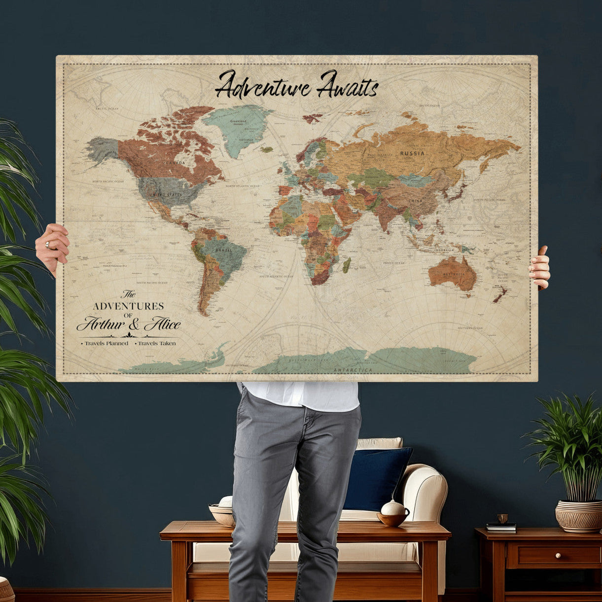 10741176-MGV-CV-36X24 - Custom Push Pin World Map Wall Art Canvas Print – Personalized Travel Tracker with Pins Framed Large for Home and Office Decor