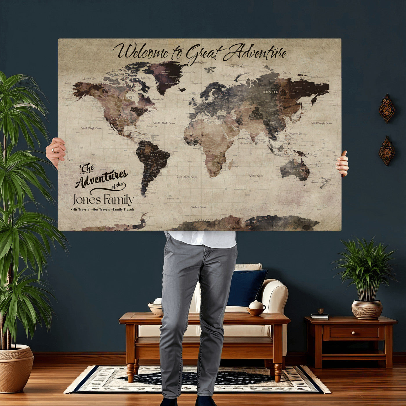 25688366-MGV-CV-36X24 - Custom Push Pin World Map Wall Art Canvas Print – Personalized Travel Tracker with Pins Framed Large for Home and Office Decor