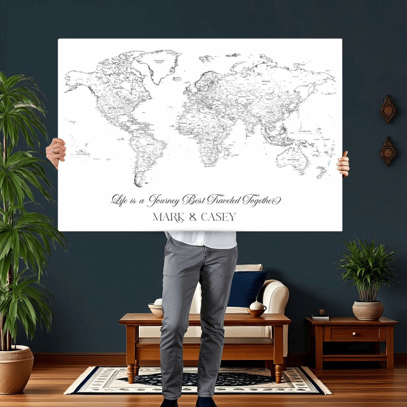 57820424-MGV-CV-36X24 - Custom Push Pin World Map Wall Art Canvas Print – Personalized Travel Tracker with Pins Framed Large for Home and Office Decor