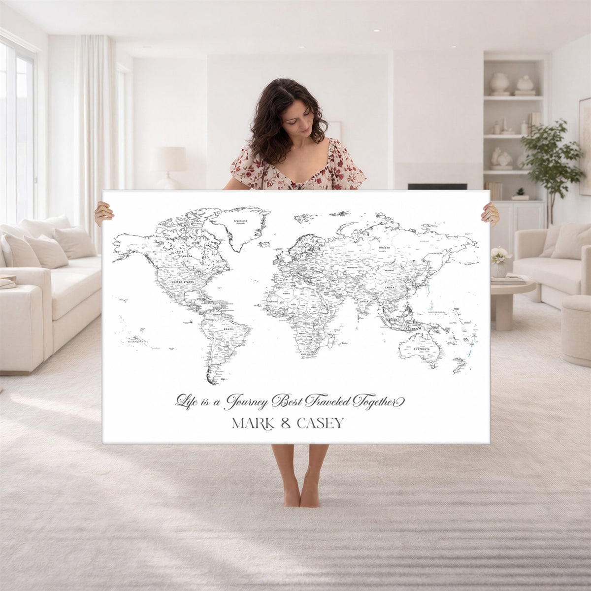 57820424-MGV-CV-36X24 - Custom Push Pin World Map Wall Art Canvas Print – Personalized Travel Tracker with Pins Framed Large for Home and Office Decor