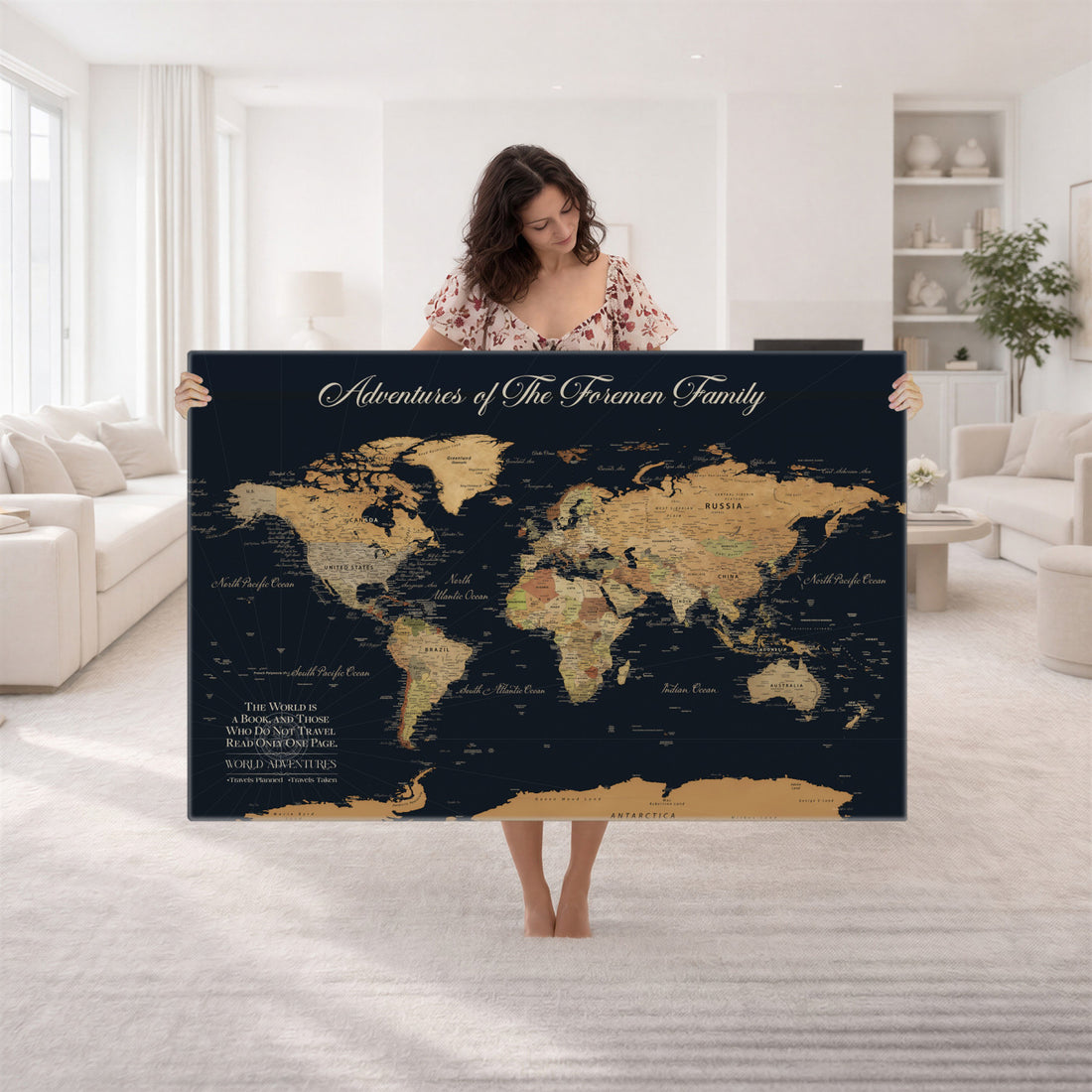 Personalized White Minimalist World Travel Map Wall Art with Pins, Places Visited Tracker, Entryway and Hallway Decor
