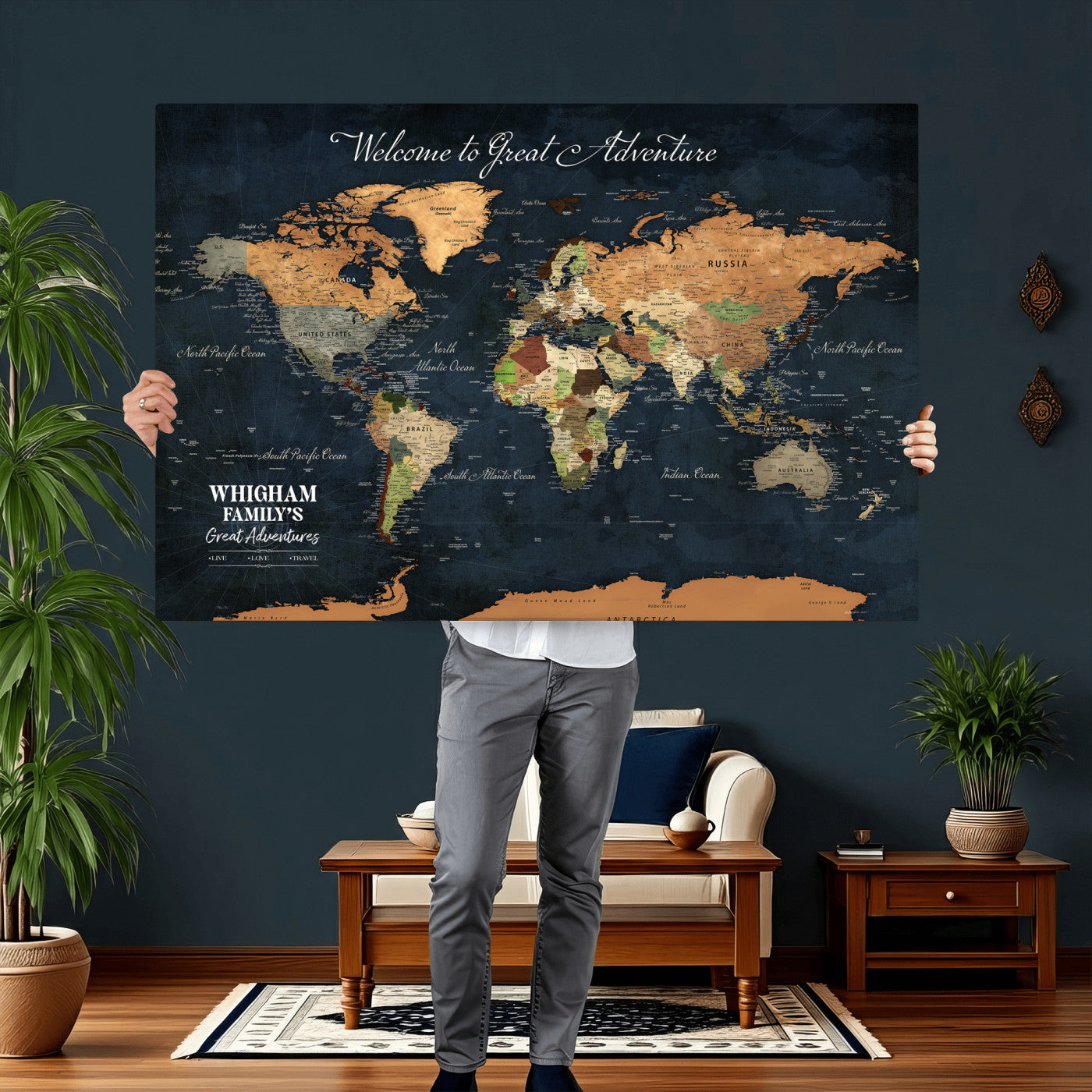 66788995-MGV-CV-36X24 - Custom Push Pin World Map Wall Art Canvas Print – Personalized Travel Tracker with Pins Framed Large for Home and Office Decor
