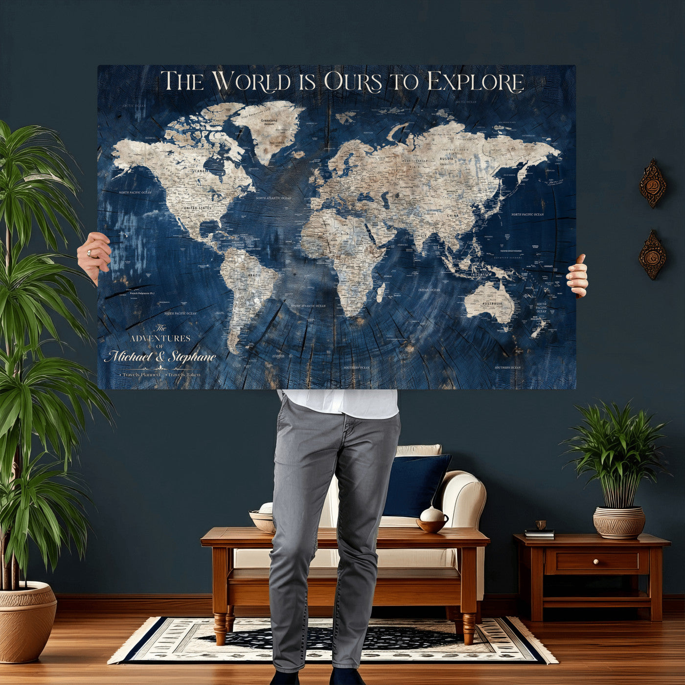 76965912-MGV-CV-36X24 - Custom Push Pin World Map Wall Art Canvas Print – Personalized Travel Tracker with Pins Framed Large for Home and Office Decor