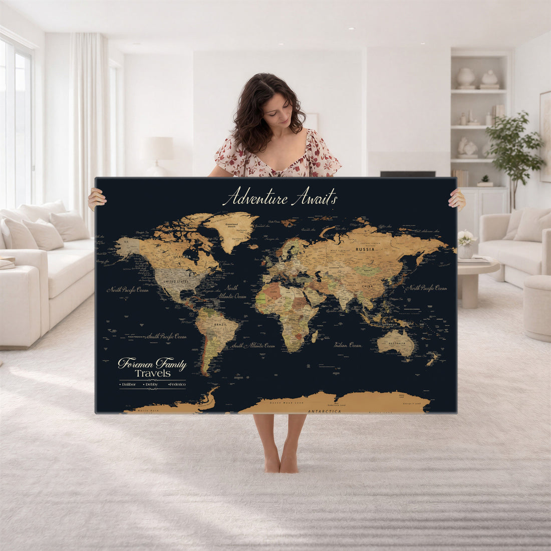 Personalized Framed Beige Geometric Family Push Pin World Map Canvas Print, Next Trip Planner Map, Family Room and Entryway Decor