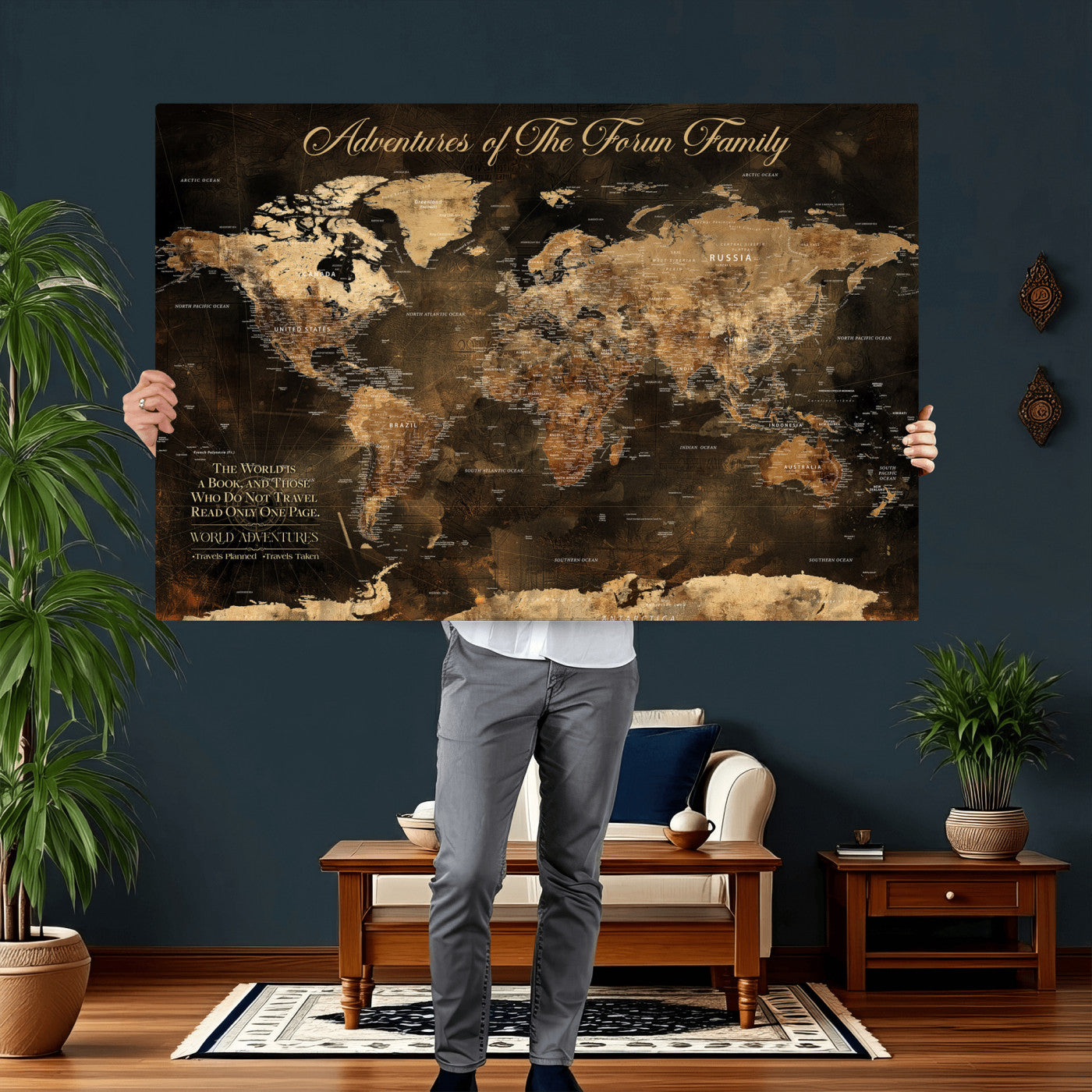 20594960-MGV-CV-36X24 - Custom Push Pin World Map Wall Art Canvas Print – Personalized Travel Tracker with Pins Framed Large for Home and Office Decor