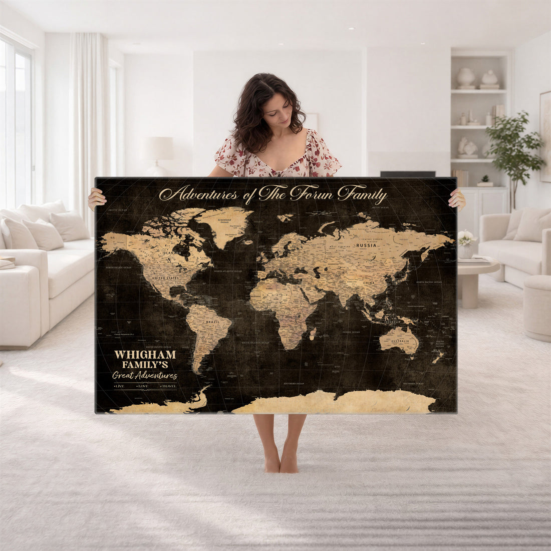 Personalized Framed Black Family Adventure Push Pin World Map Canvas, Family Travel Tracker, Family Room and Bedroom Decor