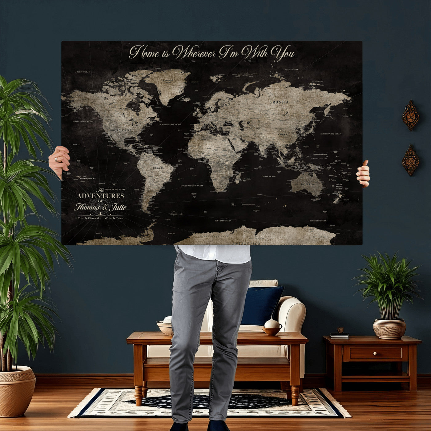 28461537-MGV-CV-36X24 - Custom Push Pin World Map Wall Art Canvas Print – Personalized Travel Tracker with Pins Framed Large for Home and Office Decor