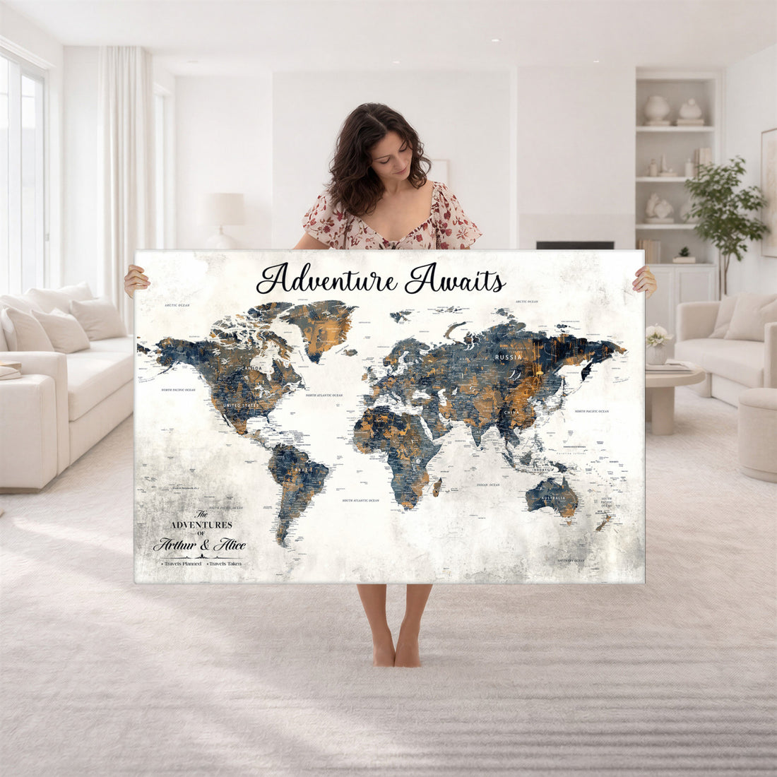 Custom Framed Beige Geometric World Travel Map Wall Art with Pins, Places Visited Tracker, Family Room and Home Office Decor