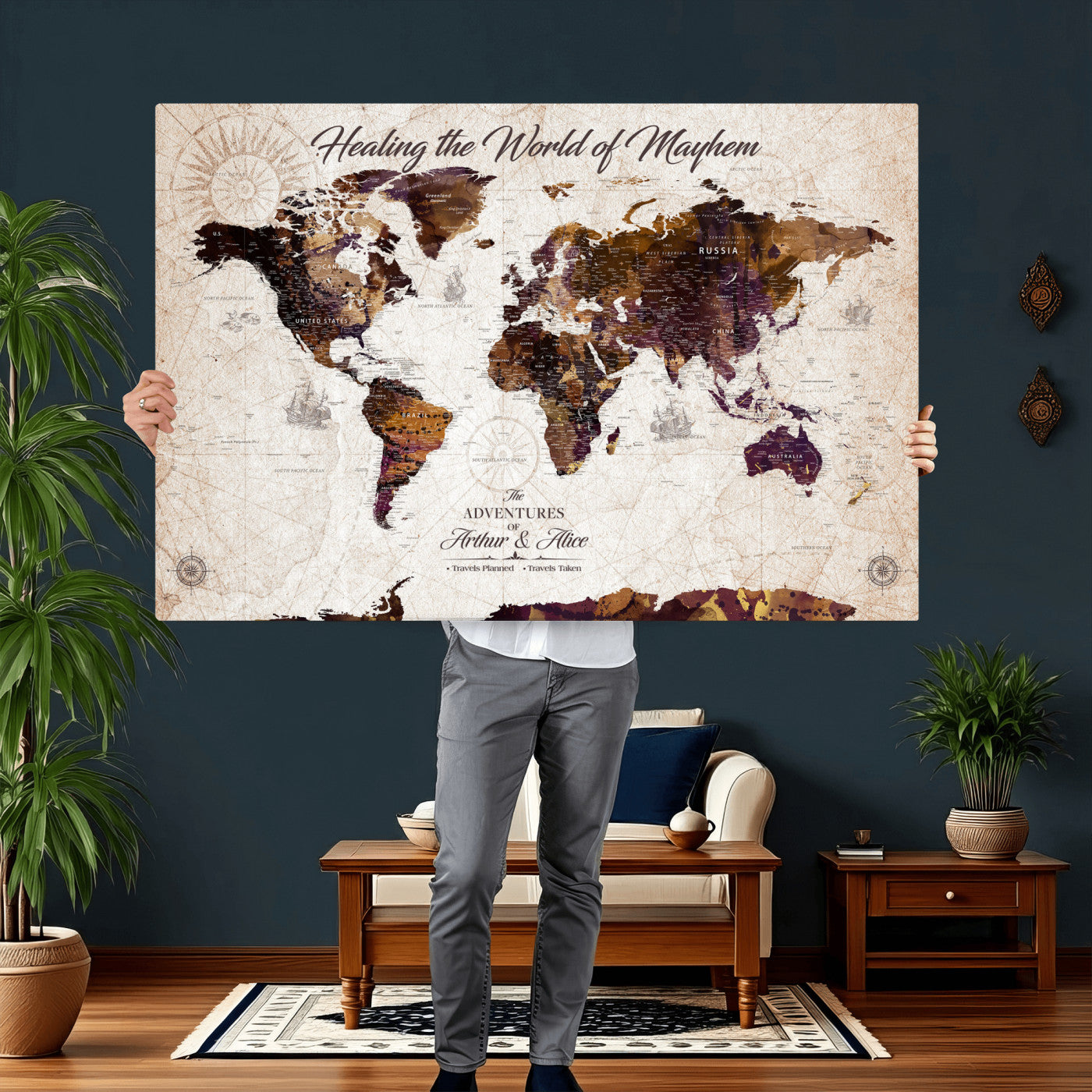 20154714-MGV-CV-36X24 - Custom Push Pin World Map Wall Art Canvas Print – Personalized Travel Tracker with Pins Framed Large for Home and Office Decor