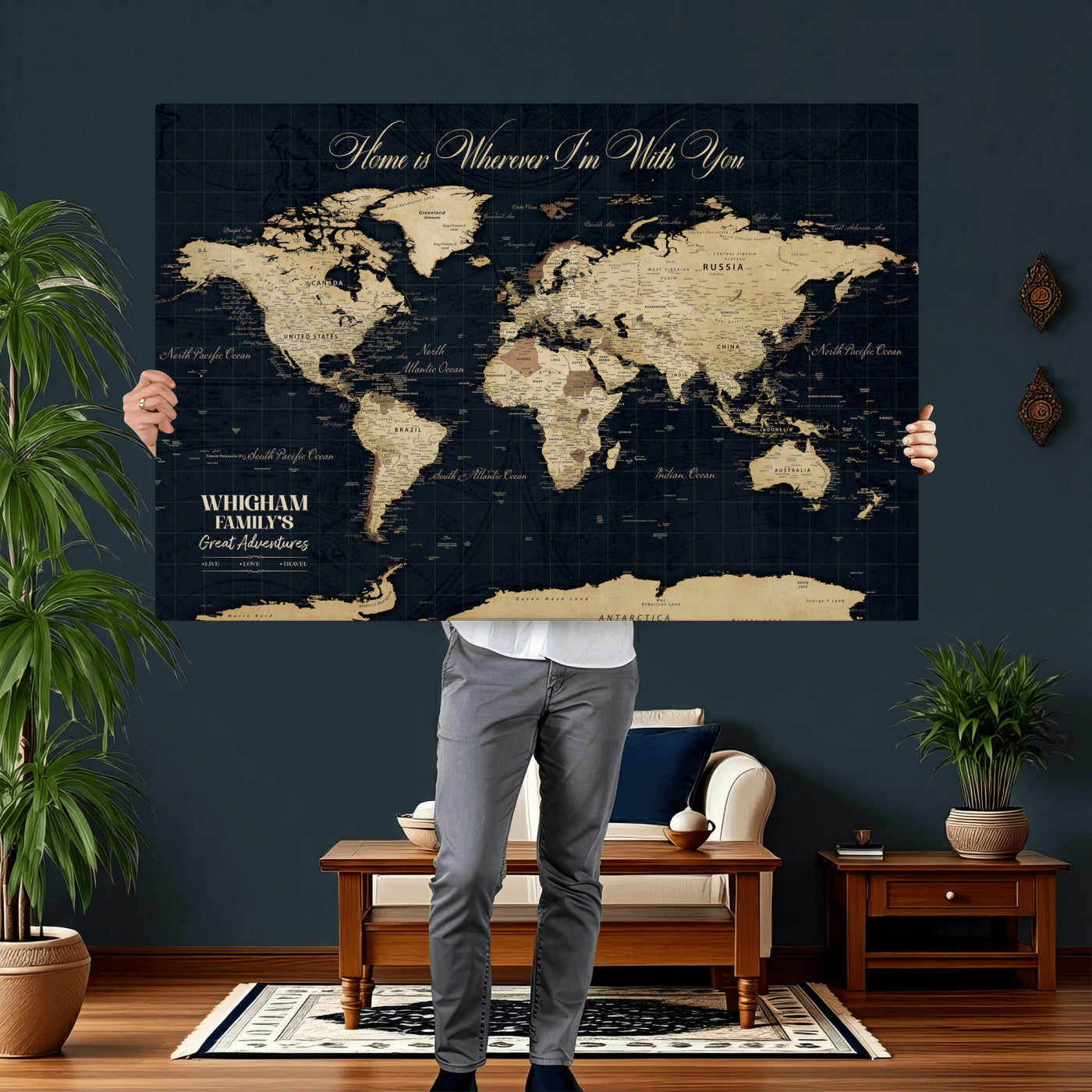 86888698-MGV-CV-36X24 - Custom Push Pin World Map Wall Art Canvas Print – Personalized Travel Tracker with Pins Framed Large for Home and Office Decor