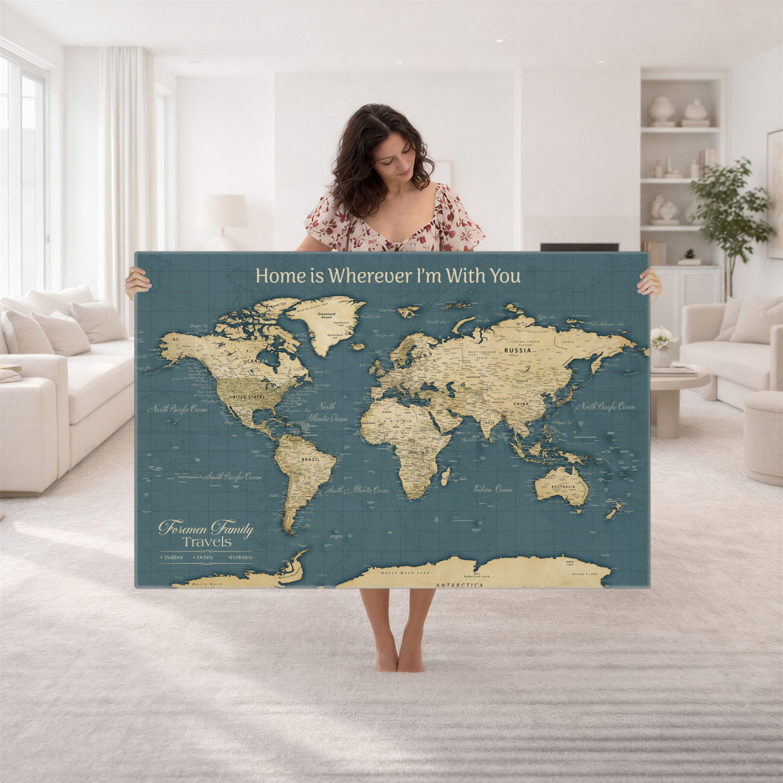 Personalized Framed Beige Geometric World Travel Map Wall Art with Pins, Next Trip Planner Map, Family Room and Bedroom Decor