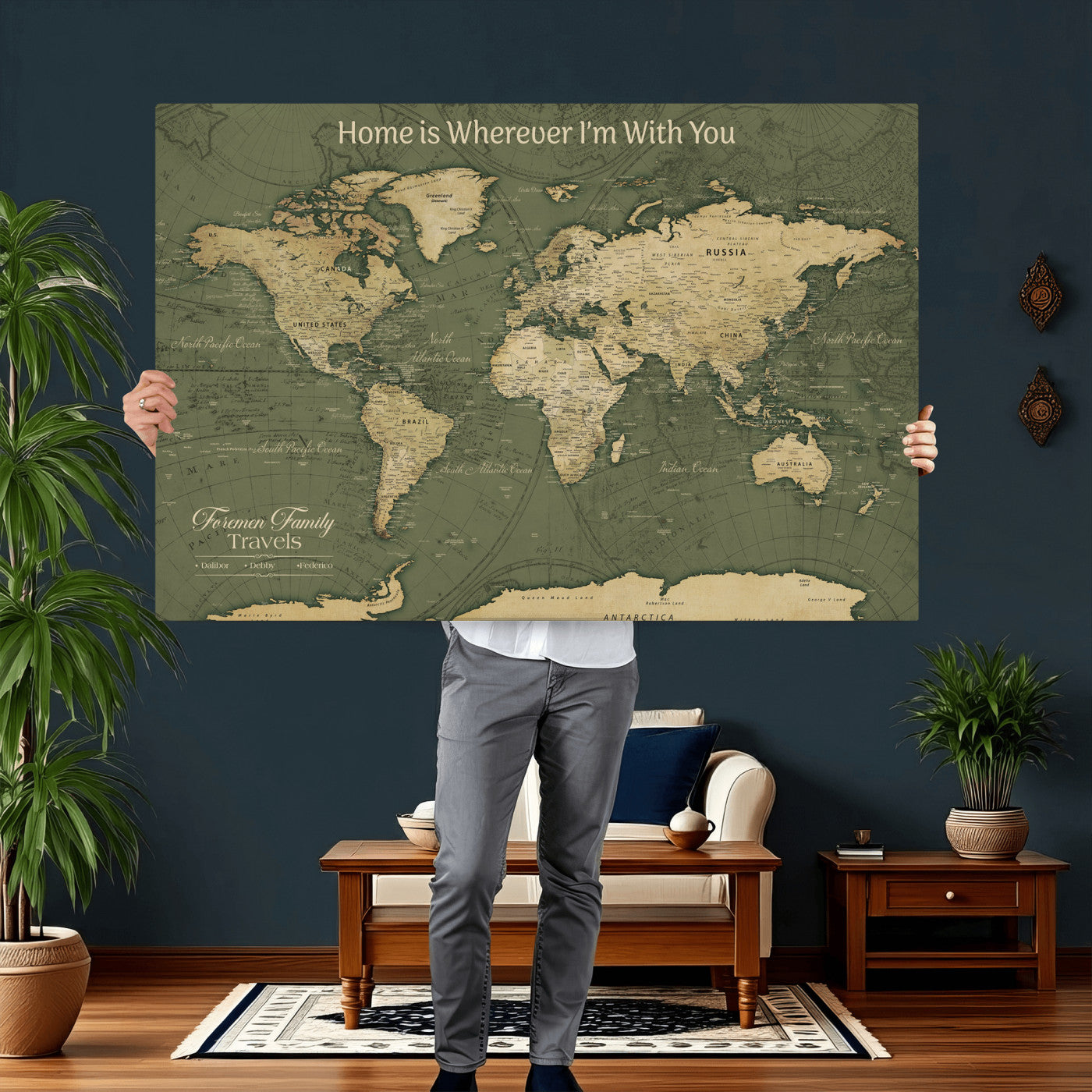 31715895-MGV-CV-36X24 - Custom Push Pin World Map Wall Art Canvas Print – Personalized Travel Tracker with Pins Framed Large for Home and Office Decor