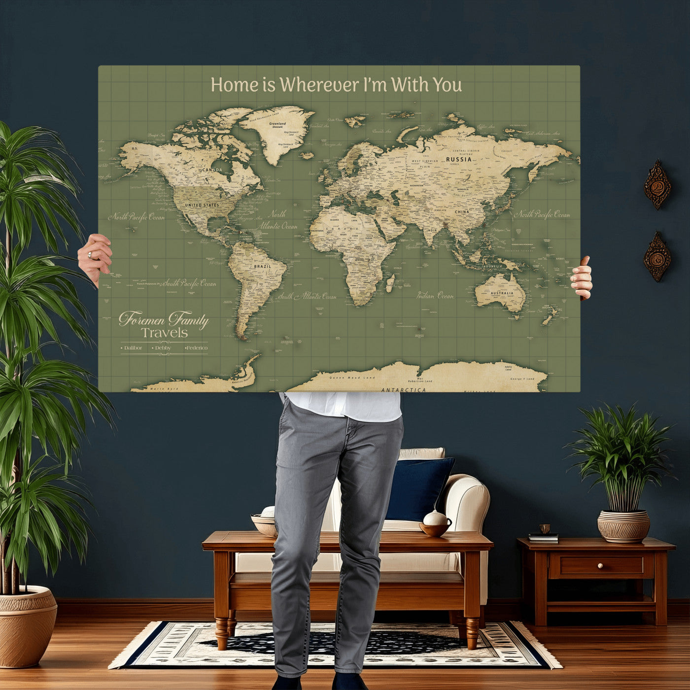 88521244-MGV-CV-36X24 - Custom Push Pin World Map Wall Art Canvas Print – Personalized Travel Tracker with Pins Framed Large for Home and Office Decor